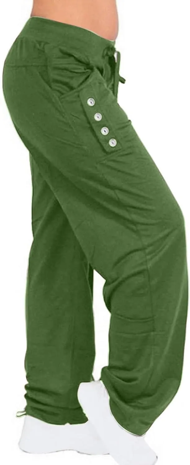Miyaomn Women's Casual Solid Athletic Gym Trackpants with Buttons Pockets Comfy Fitted Elastic High Waist Open Bottom Joggers
