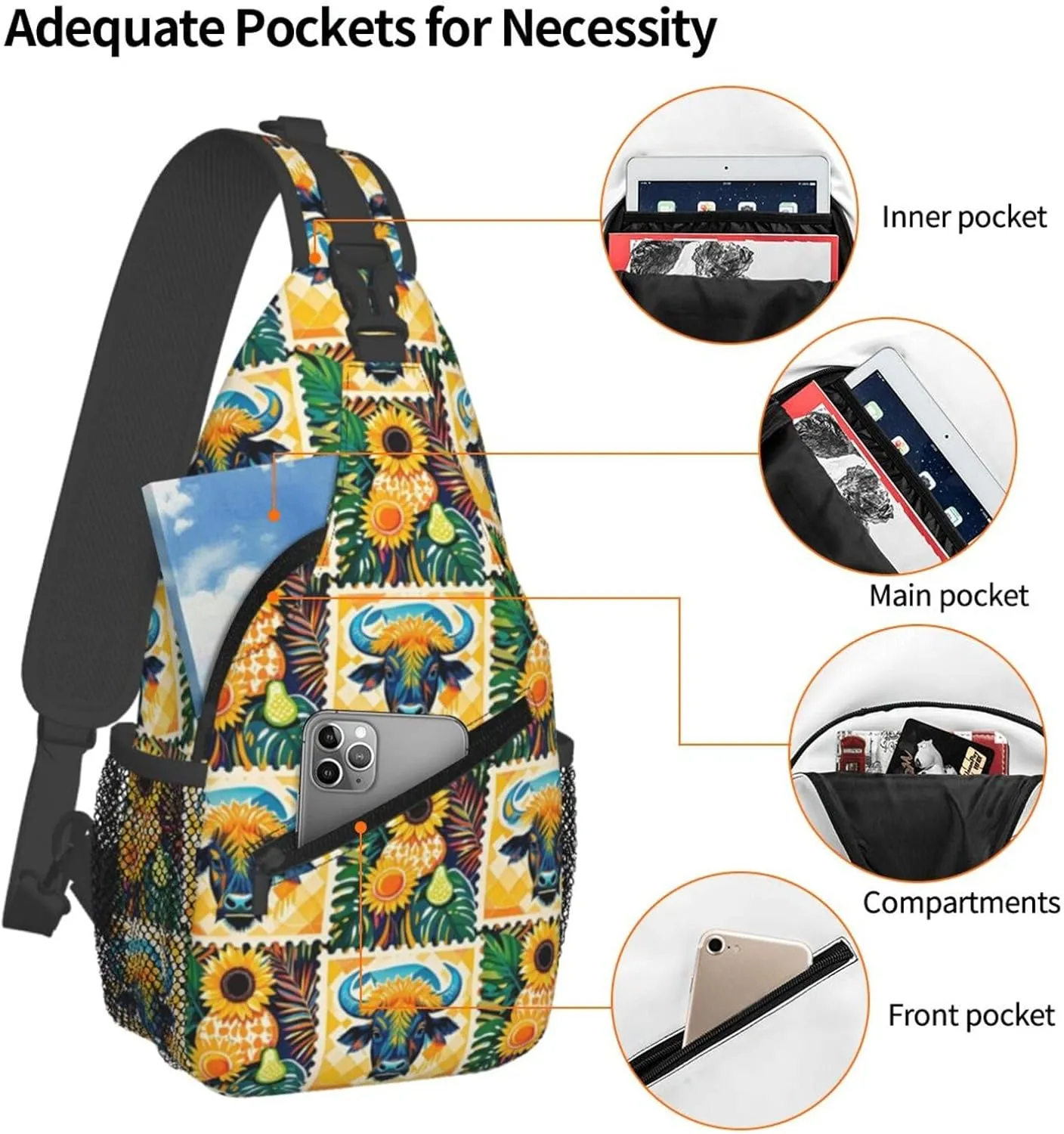 Modern Black Buffalo Sunflower Crossbody Bags Cross Chest Bag Adjustable Sling Backpack for Women Men