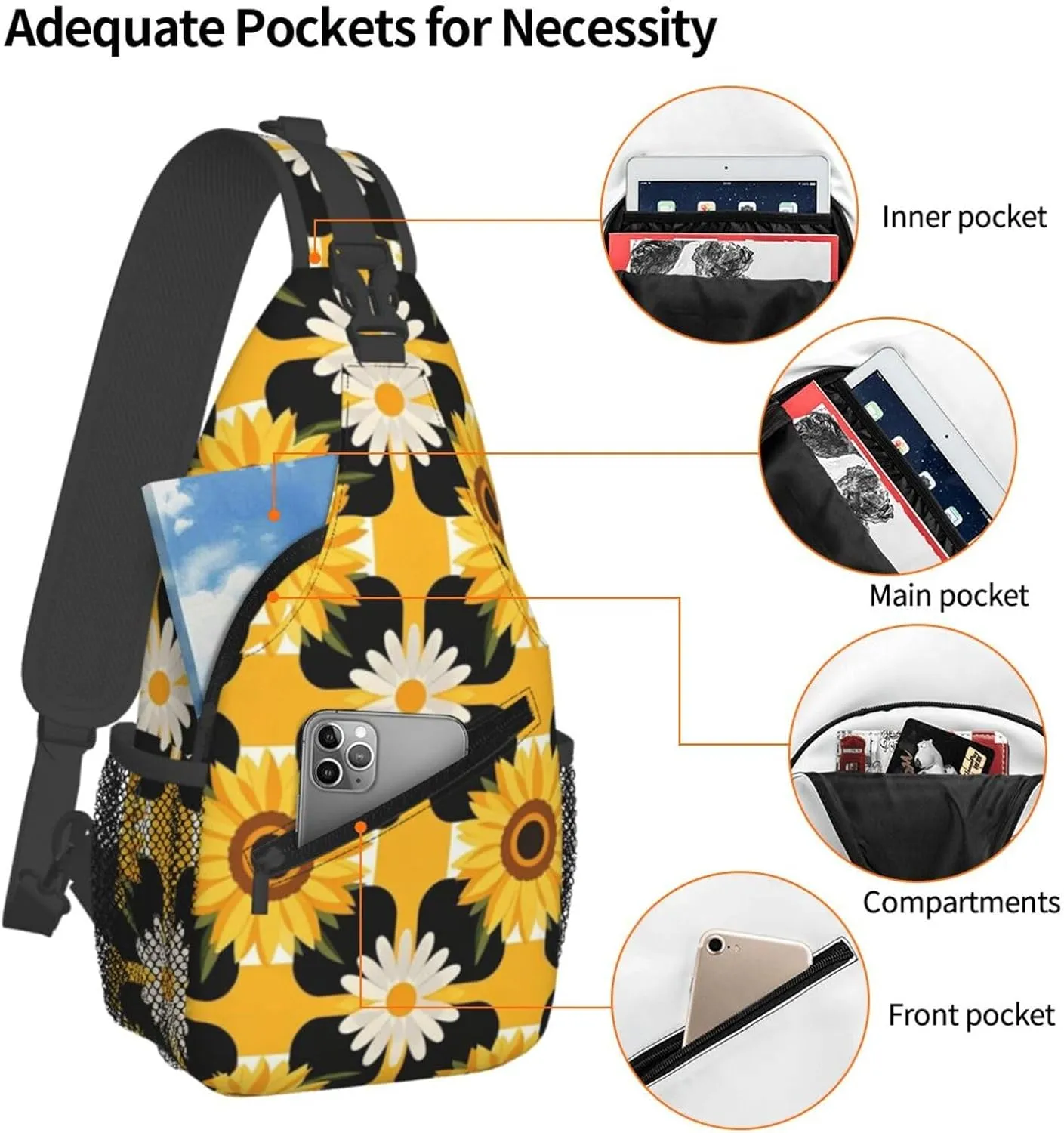 Modern Black Buffalo Sunflower Crossbody Bags Cross Chest Bag Adjustable Sling Backpack for Women Men