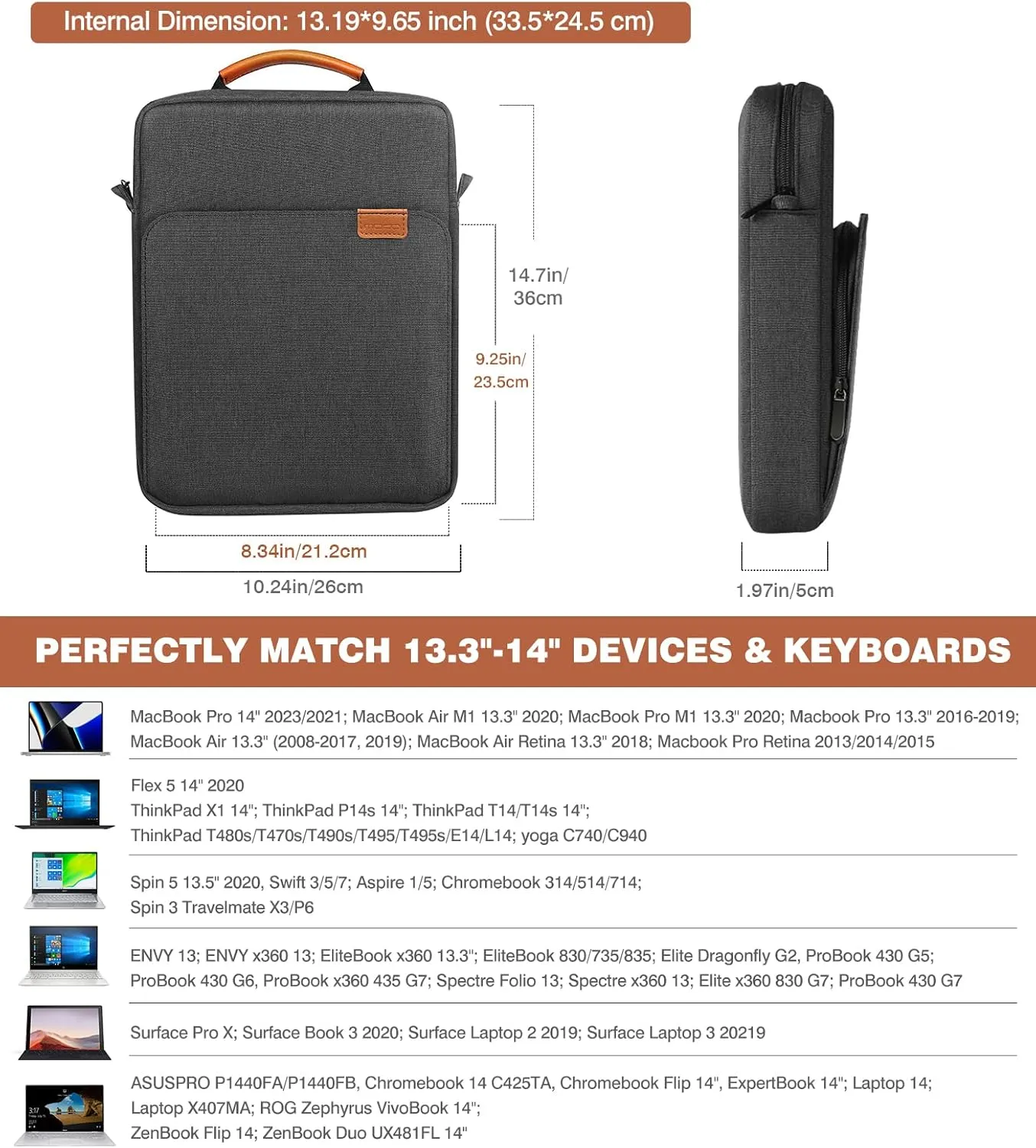 MoKo 13.3-14 Inch Laptop Sleeve Bag Fits MacBook Pro M3/M2 14" 2023, MacBook Pro 13" M2, Air 13.6 M3/M2,Tab S8 Ultra 14.6,Handle Carrying Case with Shoulder Strap, Black & Gray