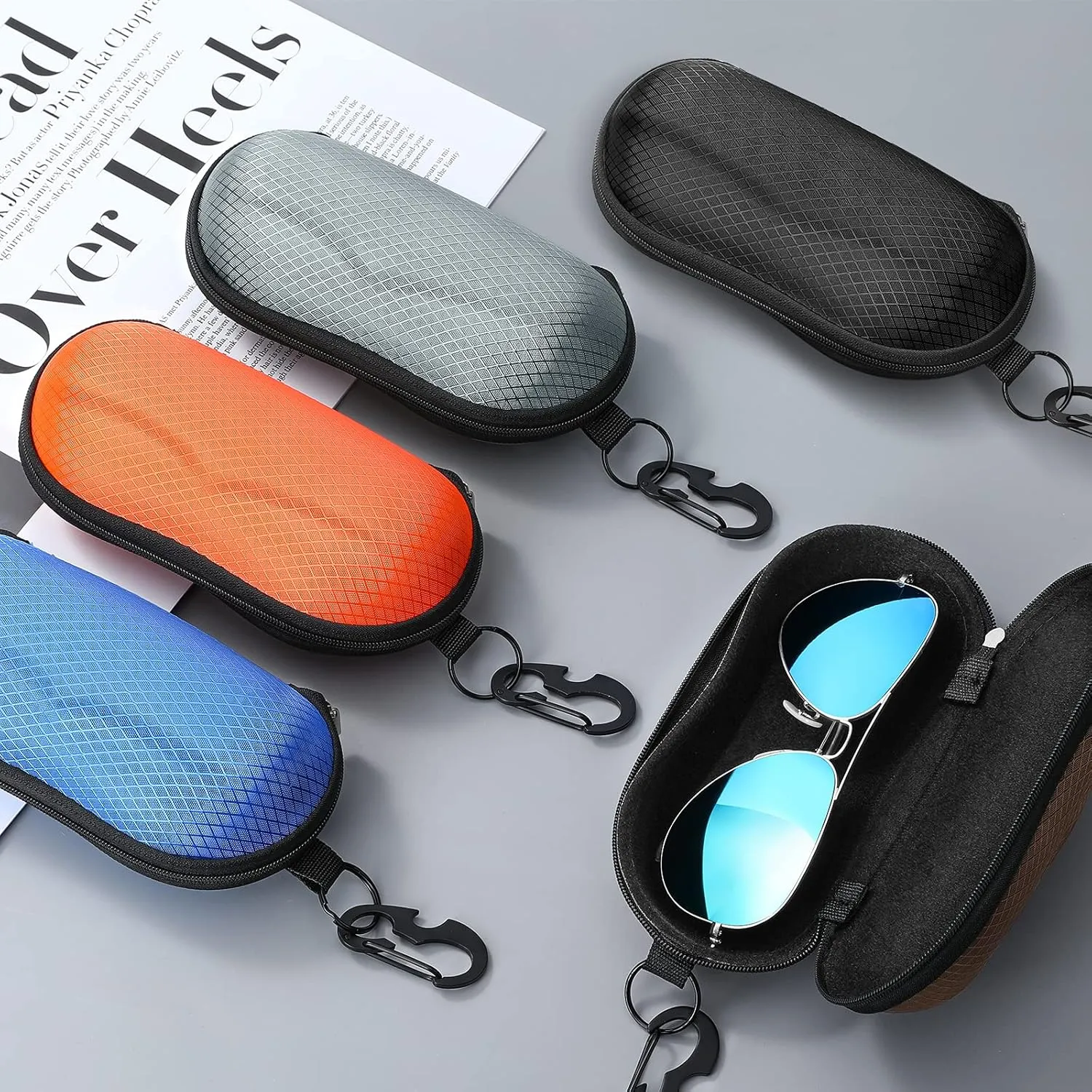 MoKo Semi Hard Shell Sunglasses Case, Unisex Protective Eyeglass Case Glasses Case Holder with Metal Hanging Hook