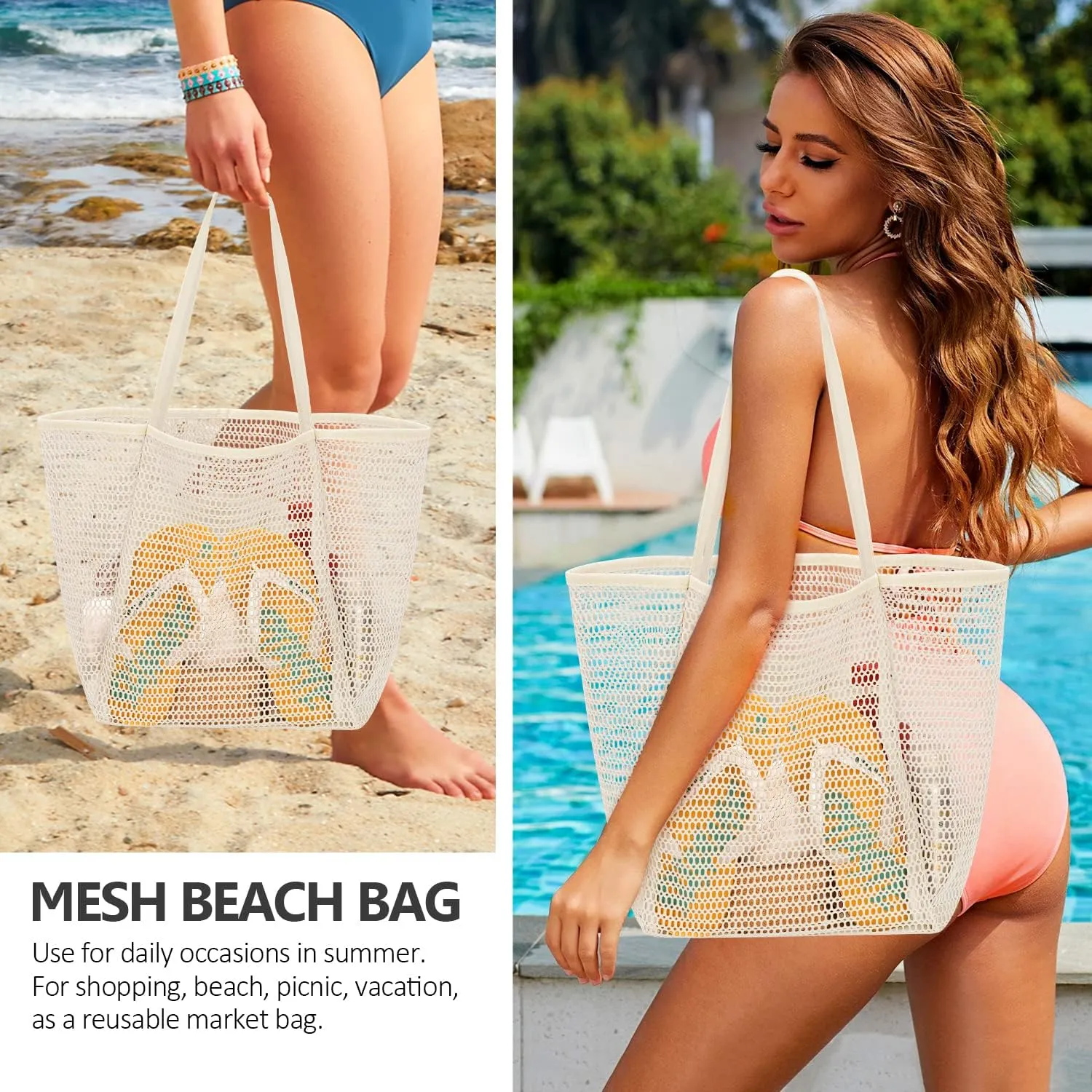 MOLERFO Beach Bag Mesh Tote Bag, Upgraded Beach Bags for Women Mesh Bag Hobo Bag Beach Accessories