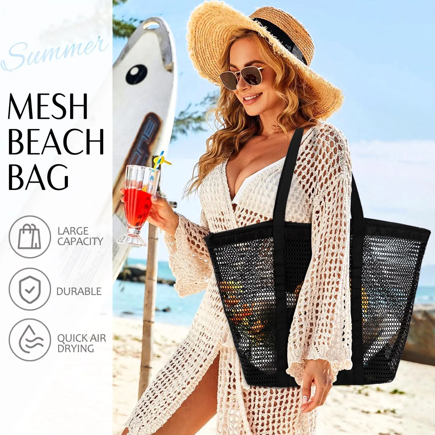 MOLERFO Beach Bag Mesh Tote Bag, Upgraded Beach Bags for Women Mesh Bag Hobo Bag Beach Accessories