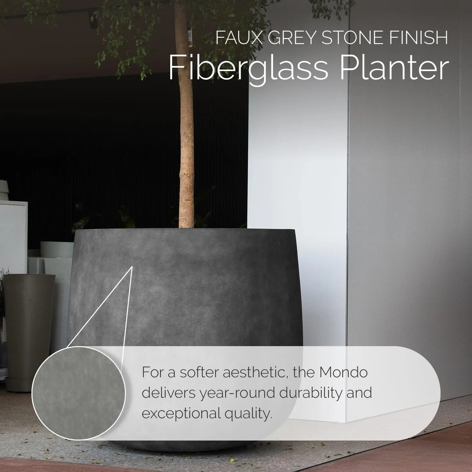 Mondo Large Planter – Grey Stone Finish – Fiberglass Indoor/Outdoor and Weather-Resistant Round Planter (39.4" D x 40" H Exterior, 37.8" D x 39.4" H Interior)