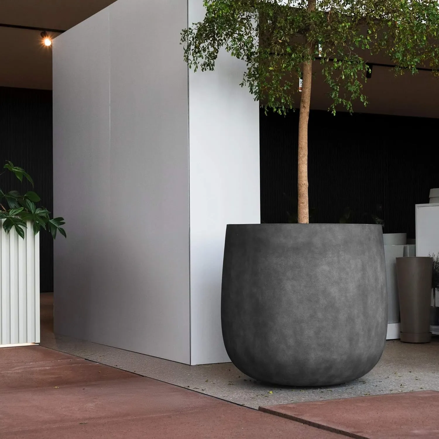 Mondo Large Planter – Grey Stone Finish – Fiberglass Indoor/Outdoor and Weather-Resistant Round Planter (39.4" D x 40" H Exterior, 37.8" D x 39.4" H Interior)