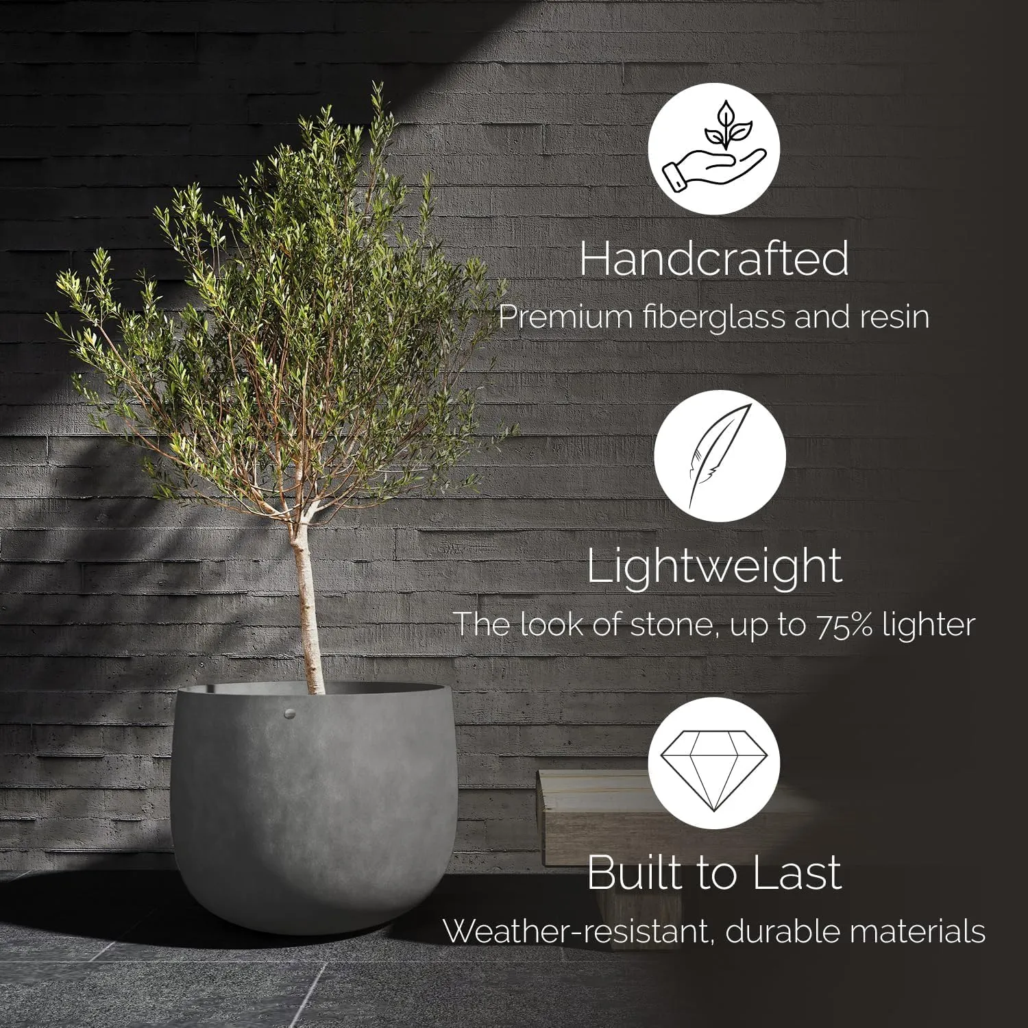 Mondo Large Planter – Grey Stone Finish – Fiberglass Indoor/Outdoor and Weather-Resistant Round Planter (39.4" D x 40" H Exterior, 37.8" D x 39.4" H Interior)