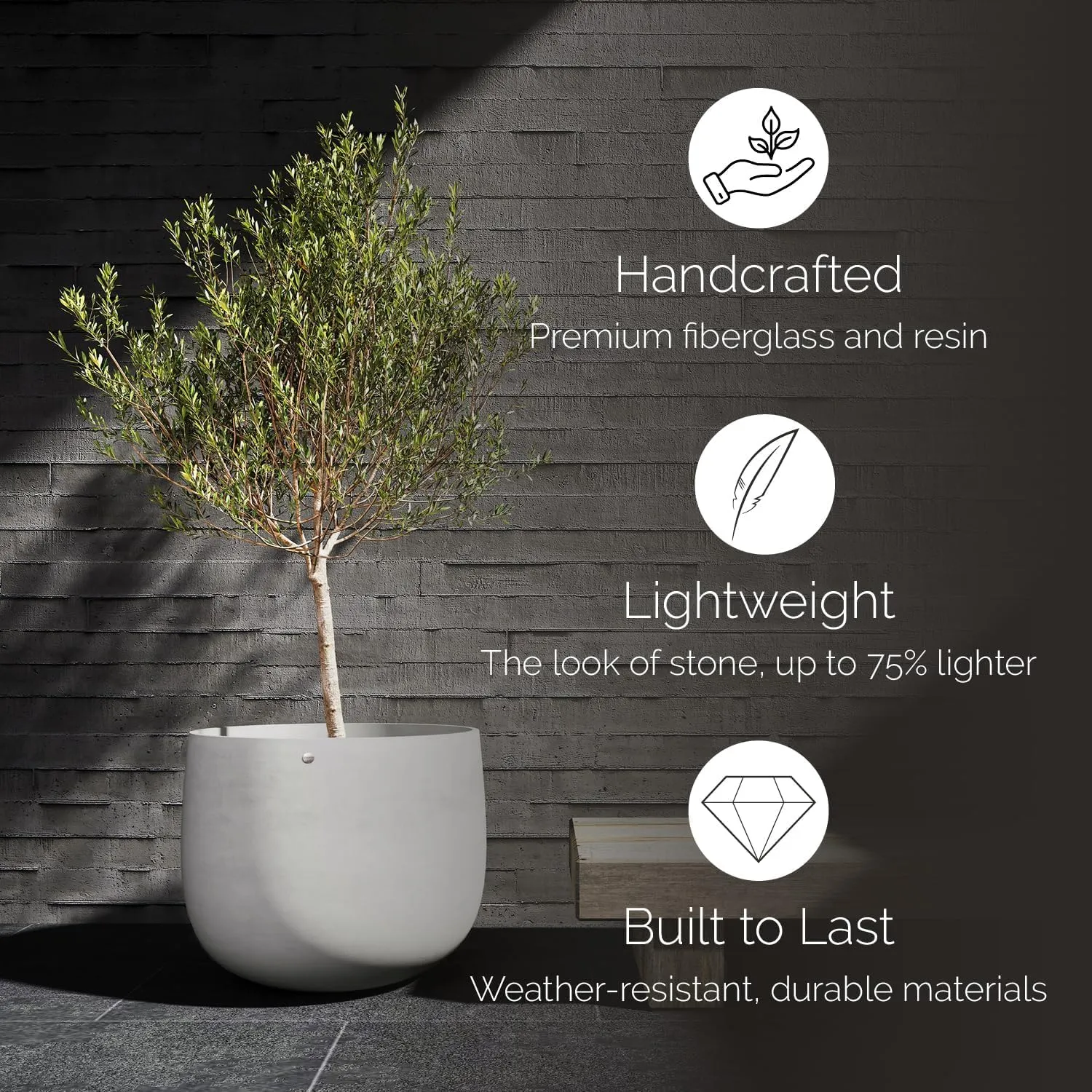 Mondo Large Planter – Sand Stone Finish – Fiberglass Indoor/Outdoor and Weather-Resistant Round Planter (39.4" D x 40" H Exterior, 37.8" D x 39.4" H Interior)