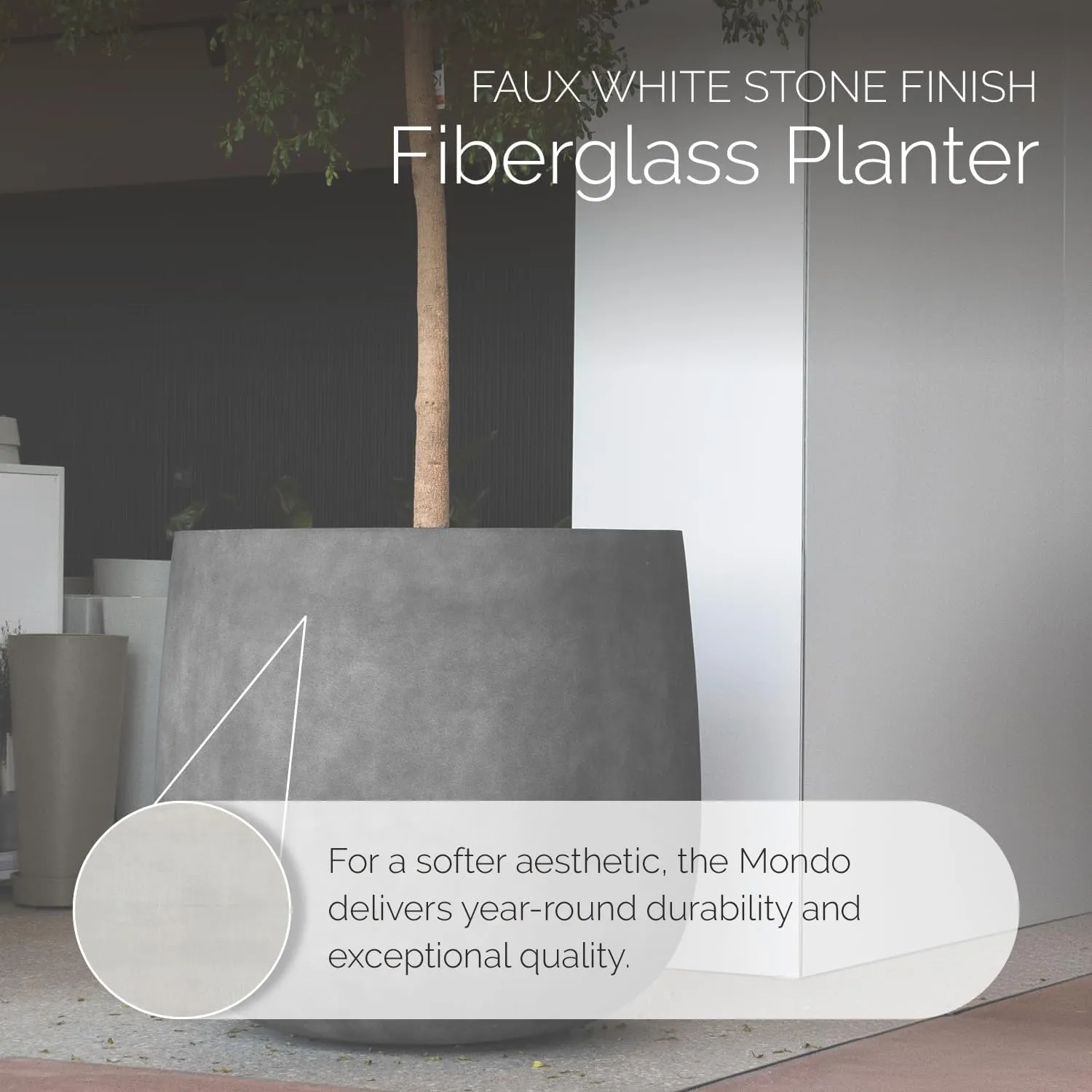 Mondo Large Planter – Sand Stone Finish – Fiberglass Indoor/Outdoor and Weather-Resistant Round Planter (39.4" D x 40" H Exterior, 37.8" D x 39.4" H Interior)