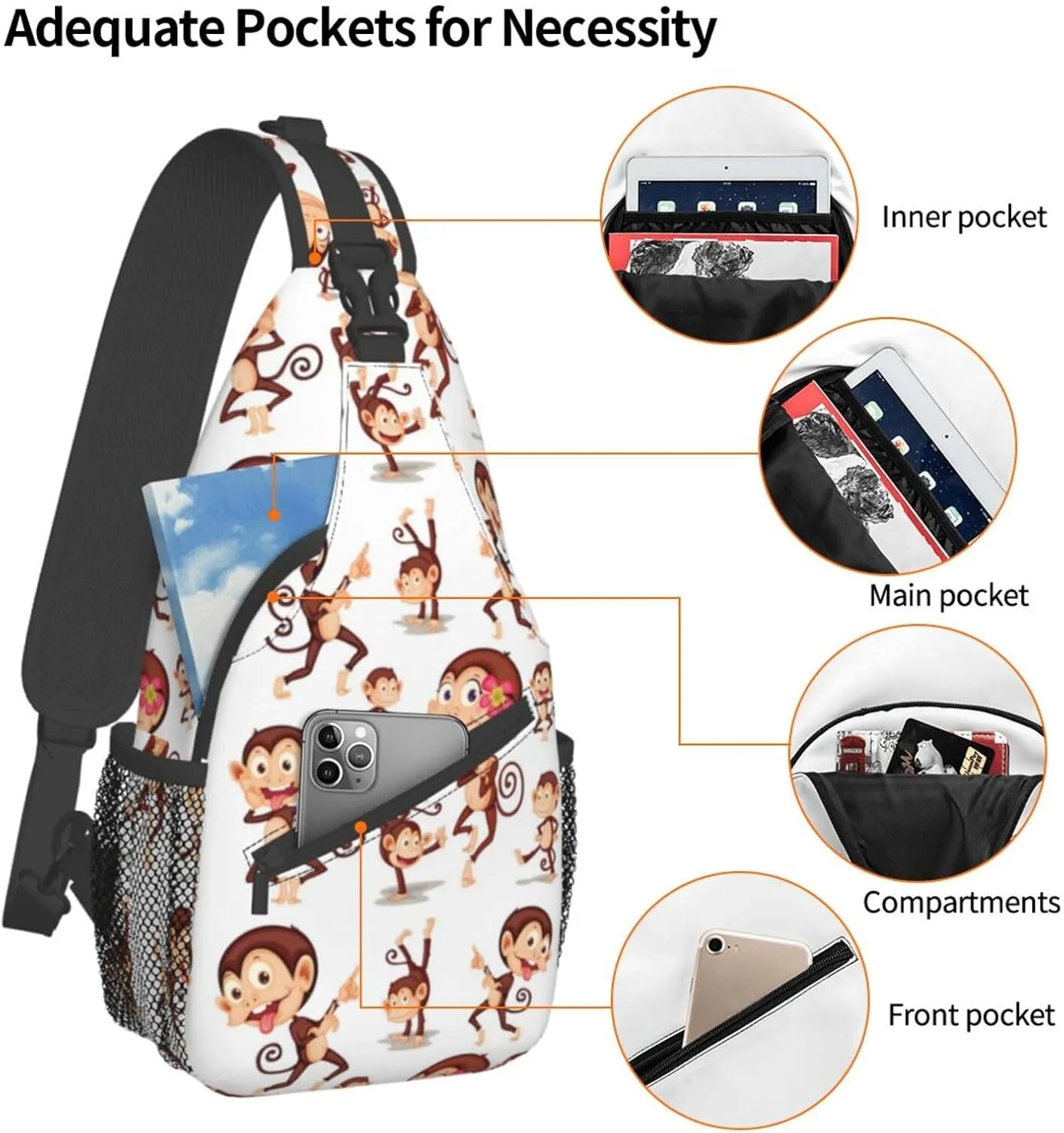 Monkey Shoulder Bag Cute Sling Backpack Daypack Casual Cute Animal Hiking Bag Monkey Backpack Bag Outdoor