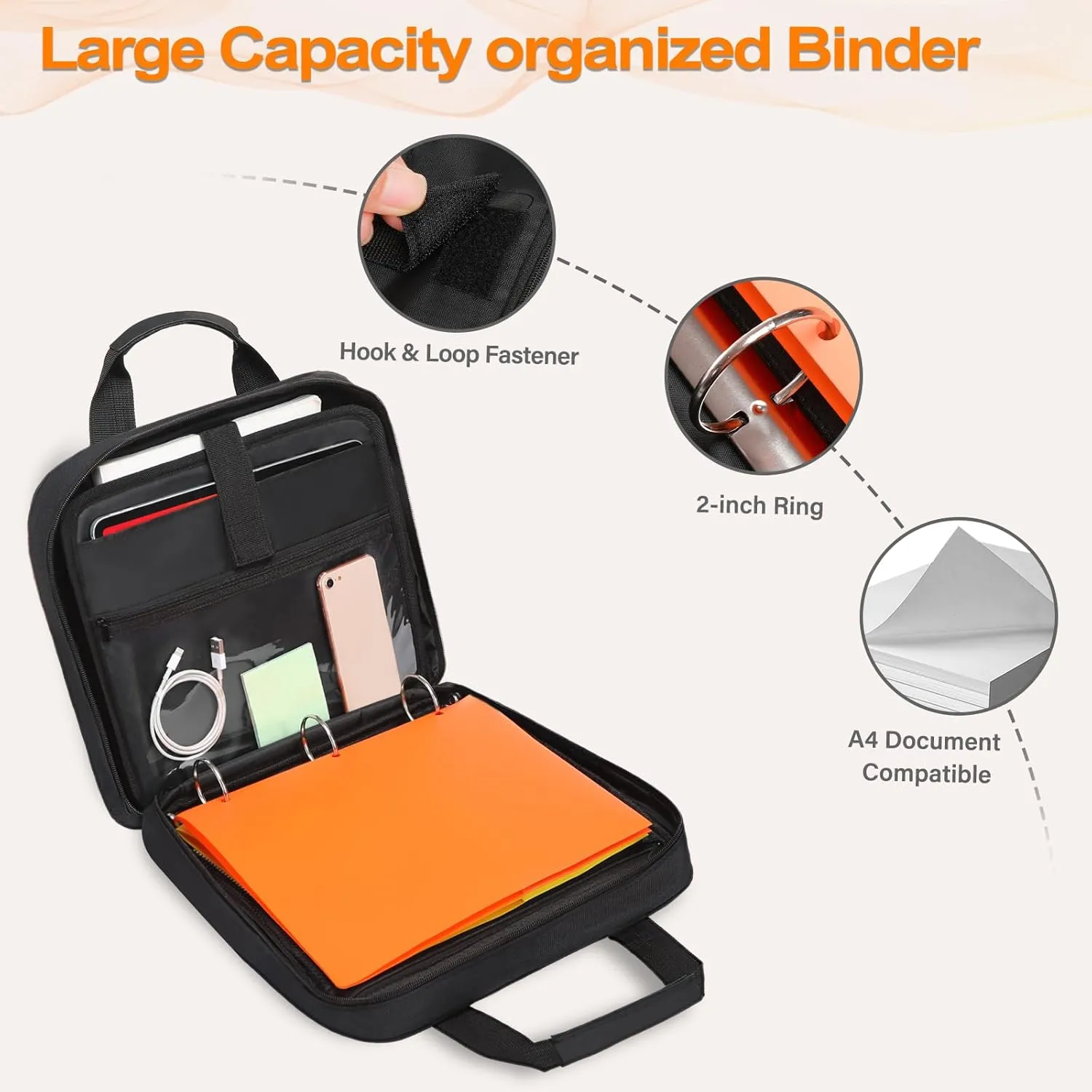 MOSISO 3 Ring Zipper Binder, 2 inch O-Ring Binder Organizer 500 Sheets Capacity Multiple Pockets Bag for Office with Handle & Shoulder Strap Compatible with 13 inch Laptop/Tablet, Black