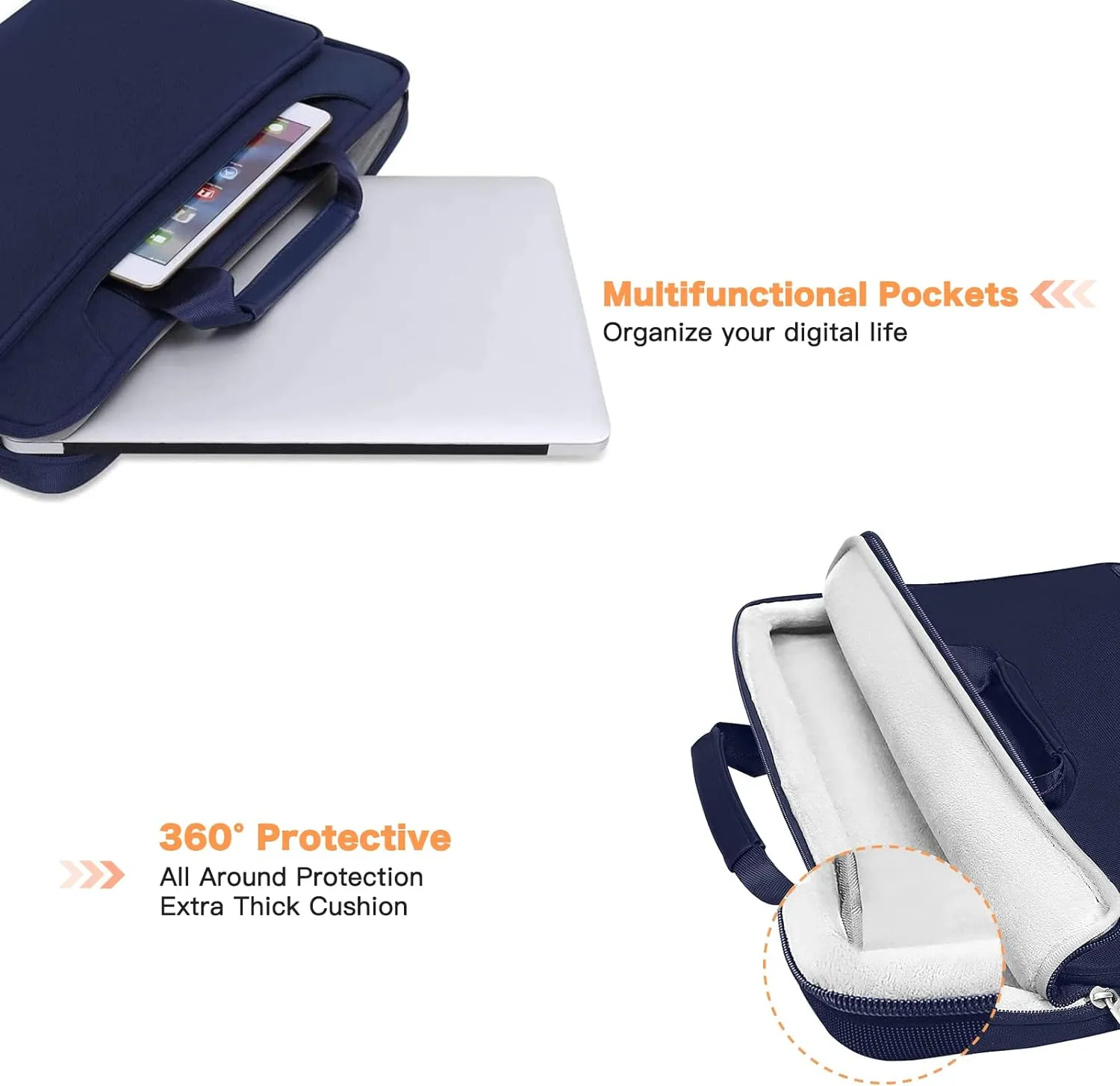 MOSISO 360 Protective Laptop Shoulder Bag Compatible with MacBook Air/Pro, 13-13.3 inch Notebook, Compatible with MacBook Pro 14 inch M4 M3 M2 M1,Matching Color Sleeve with Belt, Navy Blue