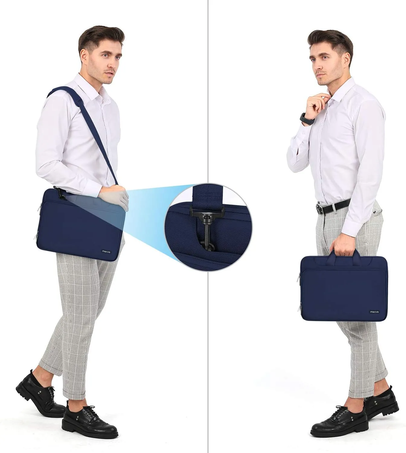 MOSISO 360 Protective Laptop Shoulder Bag Compatible with MacBook Air/Pro, 13-13.3 inch Notebook, Compatible with MacBook Pro 14 inch M4 M3 M2 M1,Matching Color Sleeve with Belt, Navy Blue
