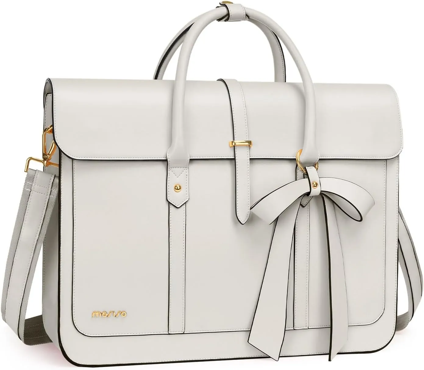 MOSISO Laptop Bag for Women, 15-15.6 inch PU Leather Laptop Shoulder Bag Convertible Backpack, 16 inch Messenger Bag Casual Handbag Work Briefcase Travel Computer Bag with Bowknot, Beige