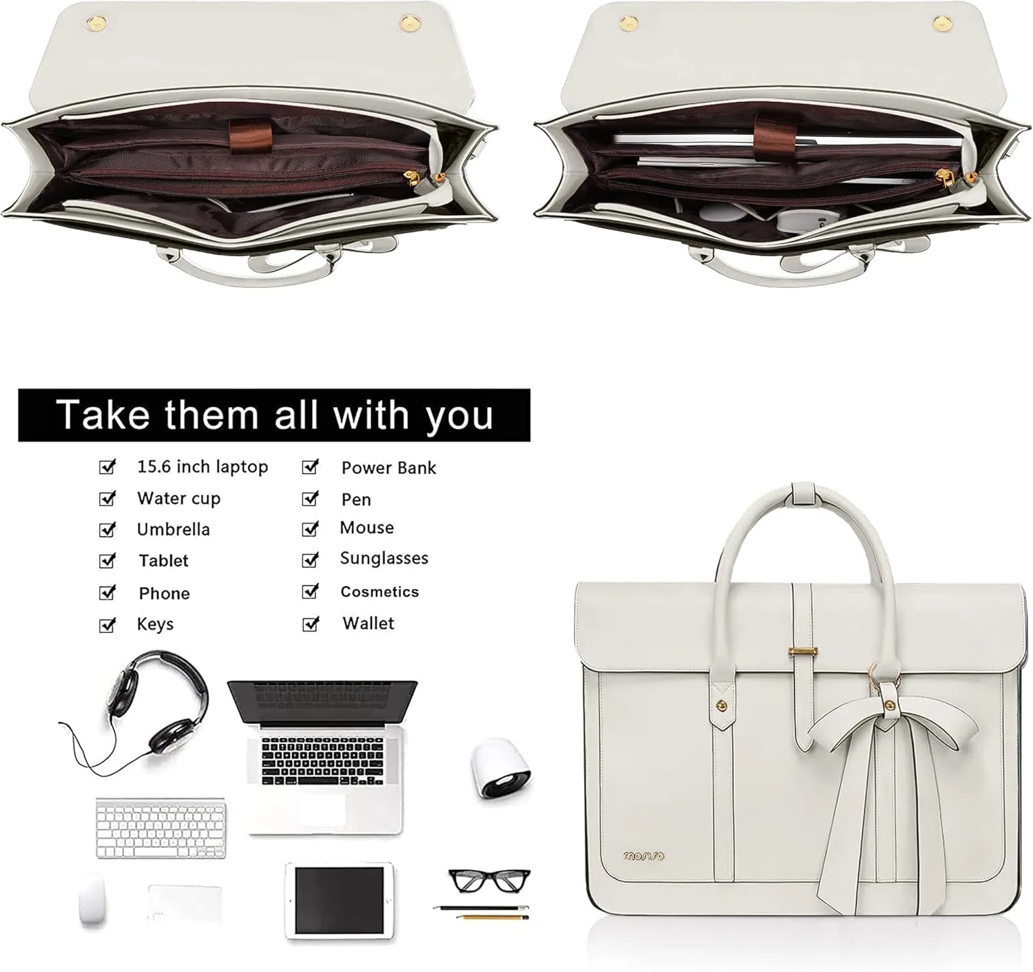 MOSISO Laptop Bag for Women, 15-15.6 inch PU Leather Laptop Shoulder Bag Convertible Backpack, 16 inch Messenger Bag Casual Handbag Work Briefcase Travel Computer Bag with Bowknot, Beige