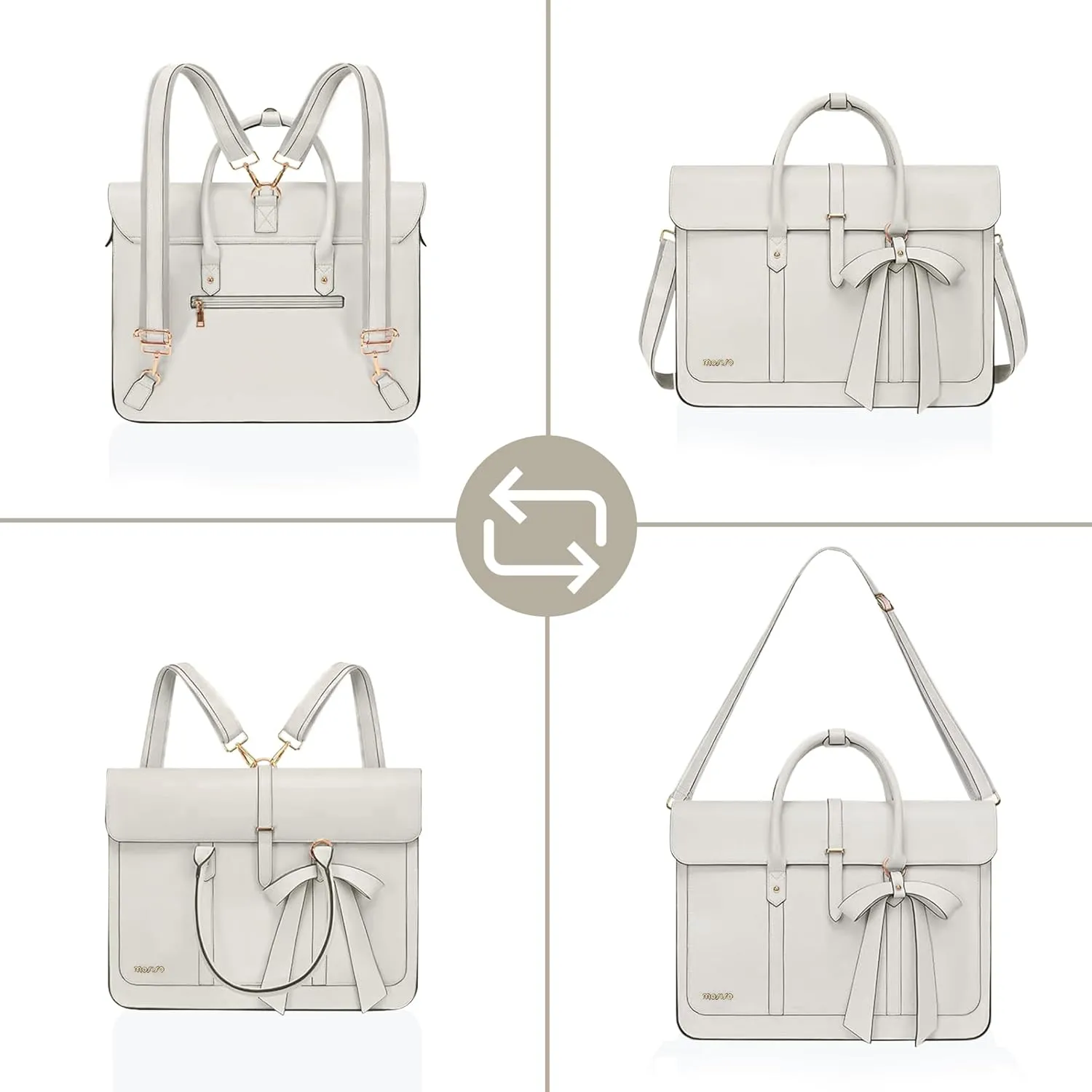 MOSISO Laptop Bag for Women, 15-15.6 inch PU Leather Laptop Shoulder Bag Convertible Backpack, 16 inch Messenger Bag Casual Handbag Work Briefcase Travel Computer Bag with Bowknot, Beige