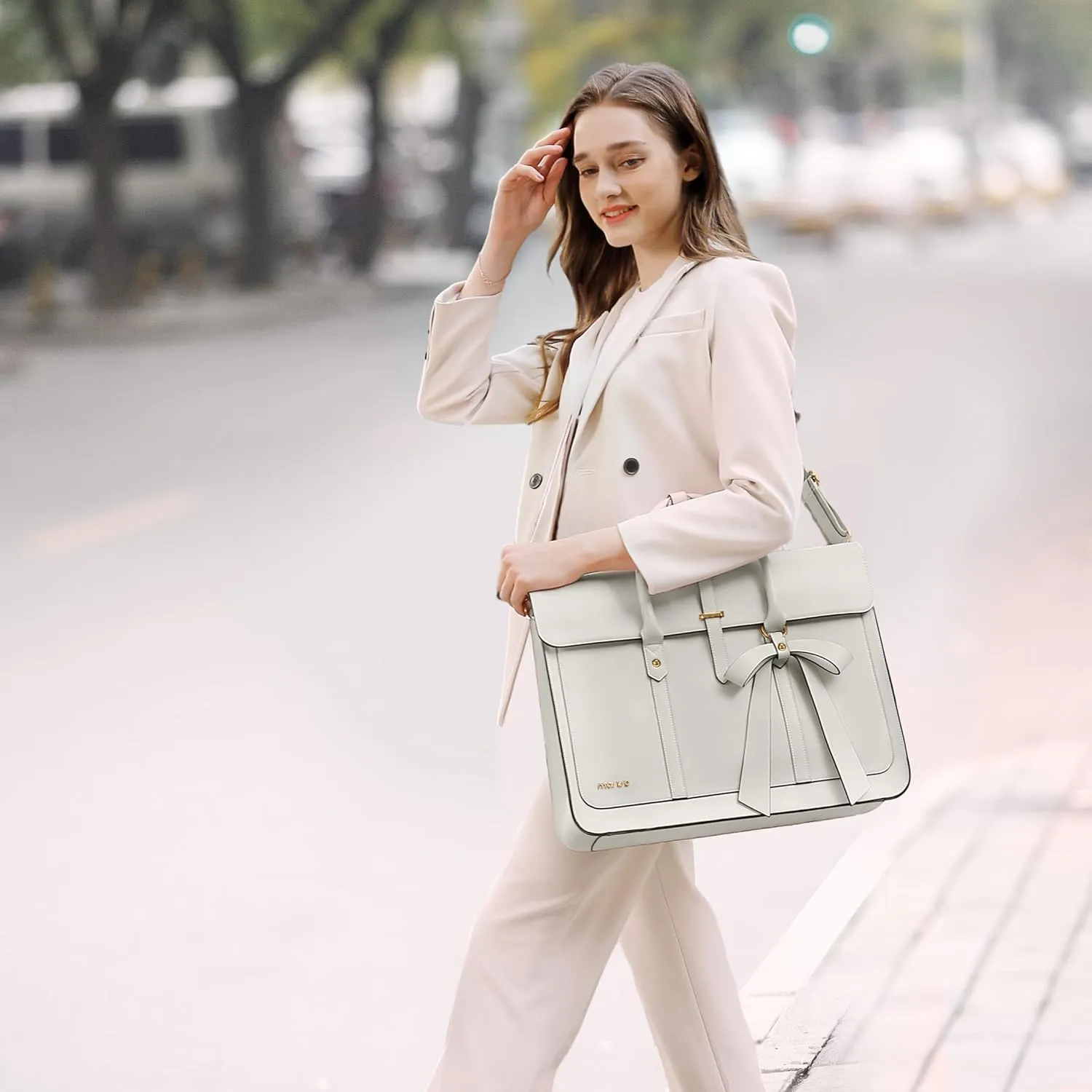 MOSISO Laptop Bag for Women, 15-15.6 inch PU Leather Laptop Shoulder Bag Convertible Backpack, 16 inch Messenger Bag Casual Handbag Work Briefcase Travel Computer Bag with Bowknot, Beige