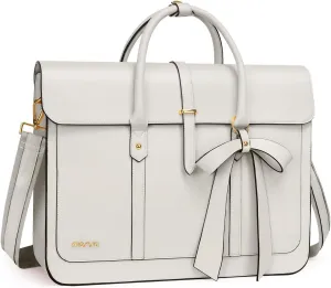 MOSISO Laptop Bag for Women, 15-15.6 inch PU Leather Laptop Shoulder Bag Convertible Backpack, 16 inch Messenger Bag Casual Handbag Work Briefcase Travel Computer Bag with Bowknot, Beige