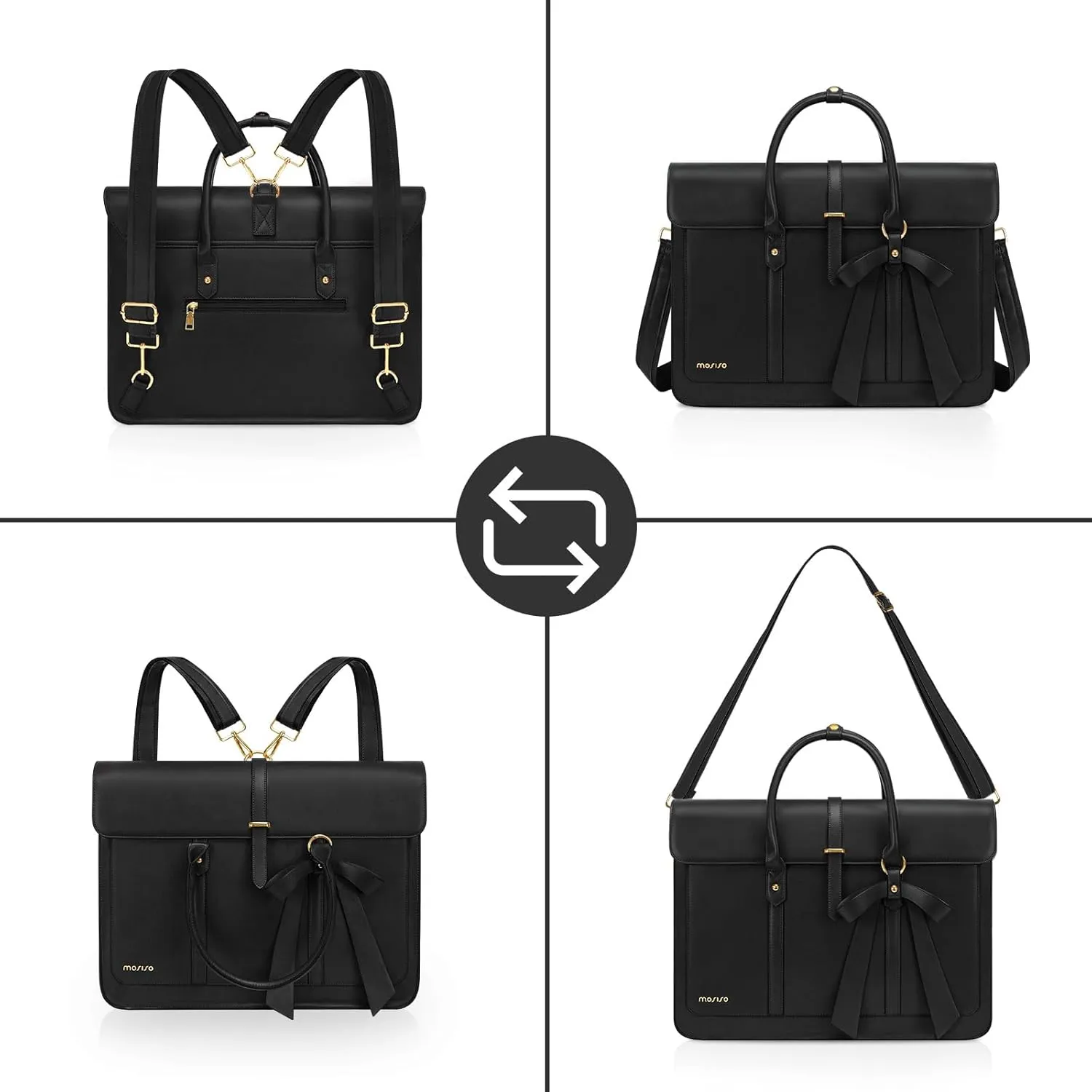 MOSISO Laptop Bag for Women, 15-15.6 inch PU Leather Laptop Shoulder Bag Convertible Backpack, 16 inch Messenger Bag Casual Handbag Work Briefcase Travel Computer Bag with Bowknot, Black