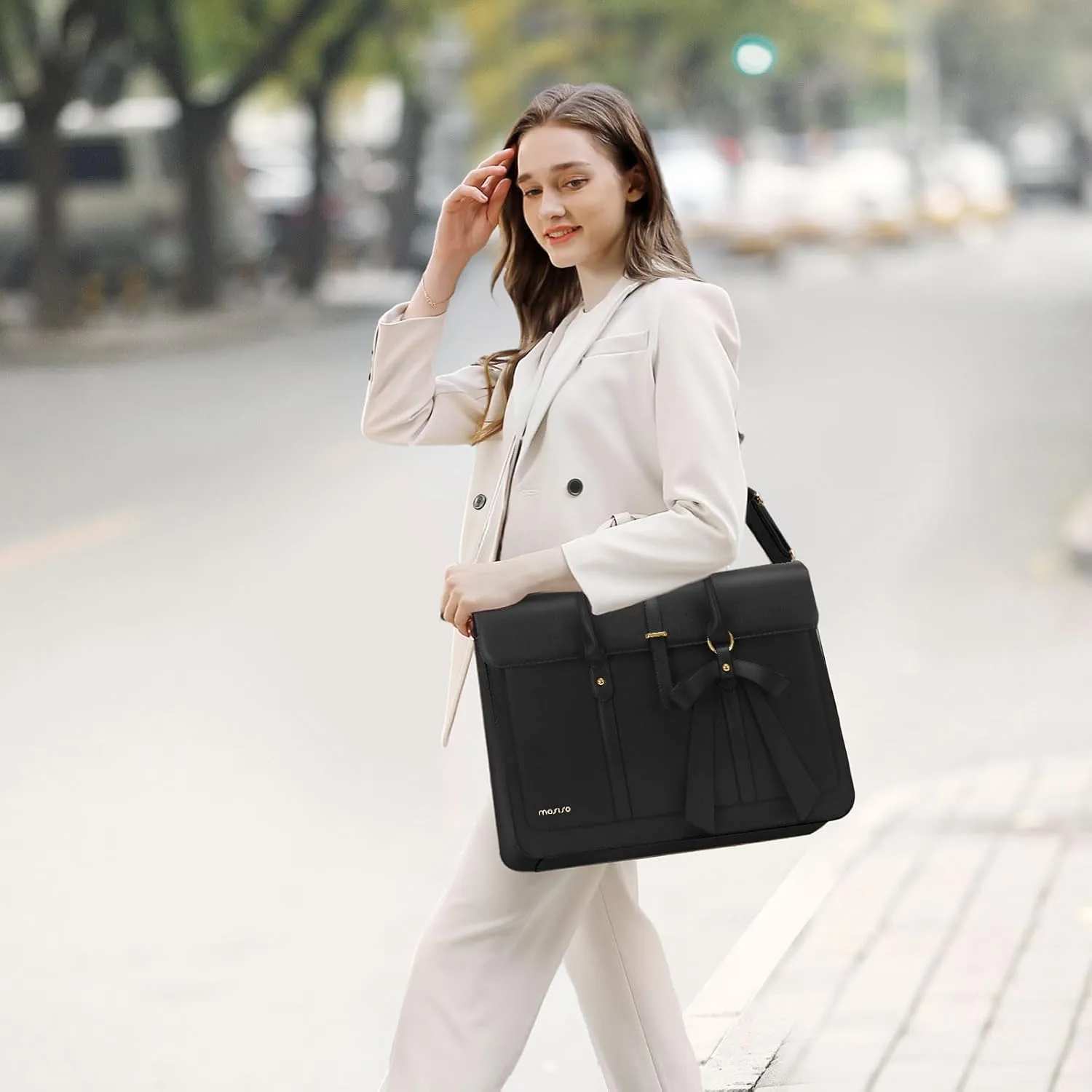MOSISO Laptop Bag for Women, 15-15.6 inch PU Leather Laptop Shoulder Bag Convertible Backpack, 16 inch Messenger Bag Casual Handbag Work Briefcase Travel Computer Bag with Bowknot, Black