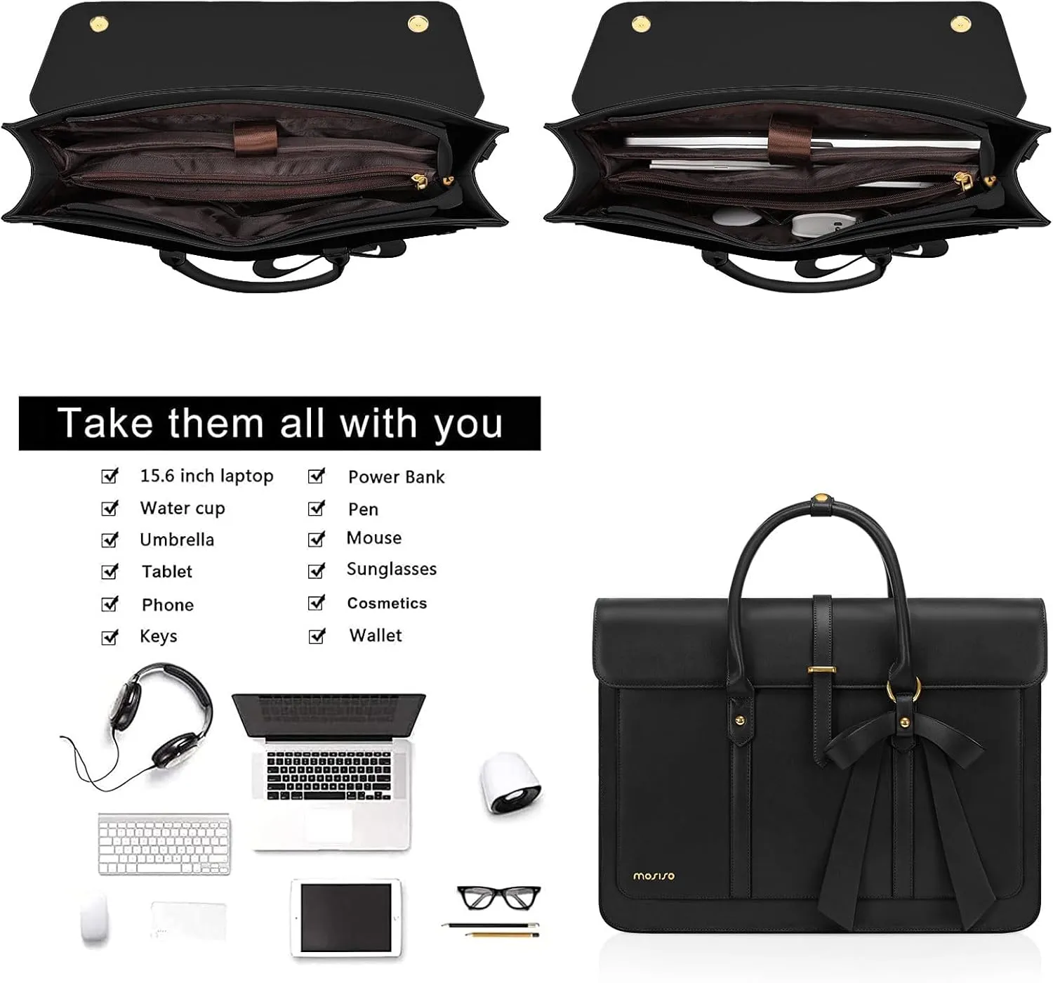 MOSISO Laptop Bag for Women, 15-15.6 inch PU Leather Laptop Shoulder Bag Convertible Backpack, 16 inch Messenger Bag Casual Handbag Work Briefcase Travel Computer Bag with Bowknot, Black