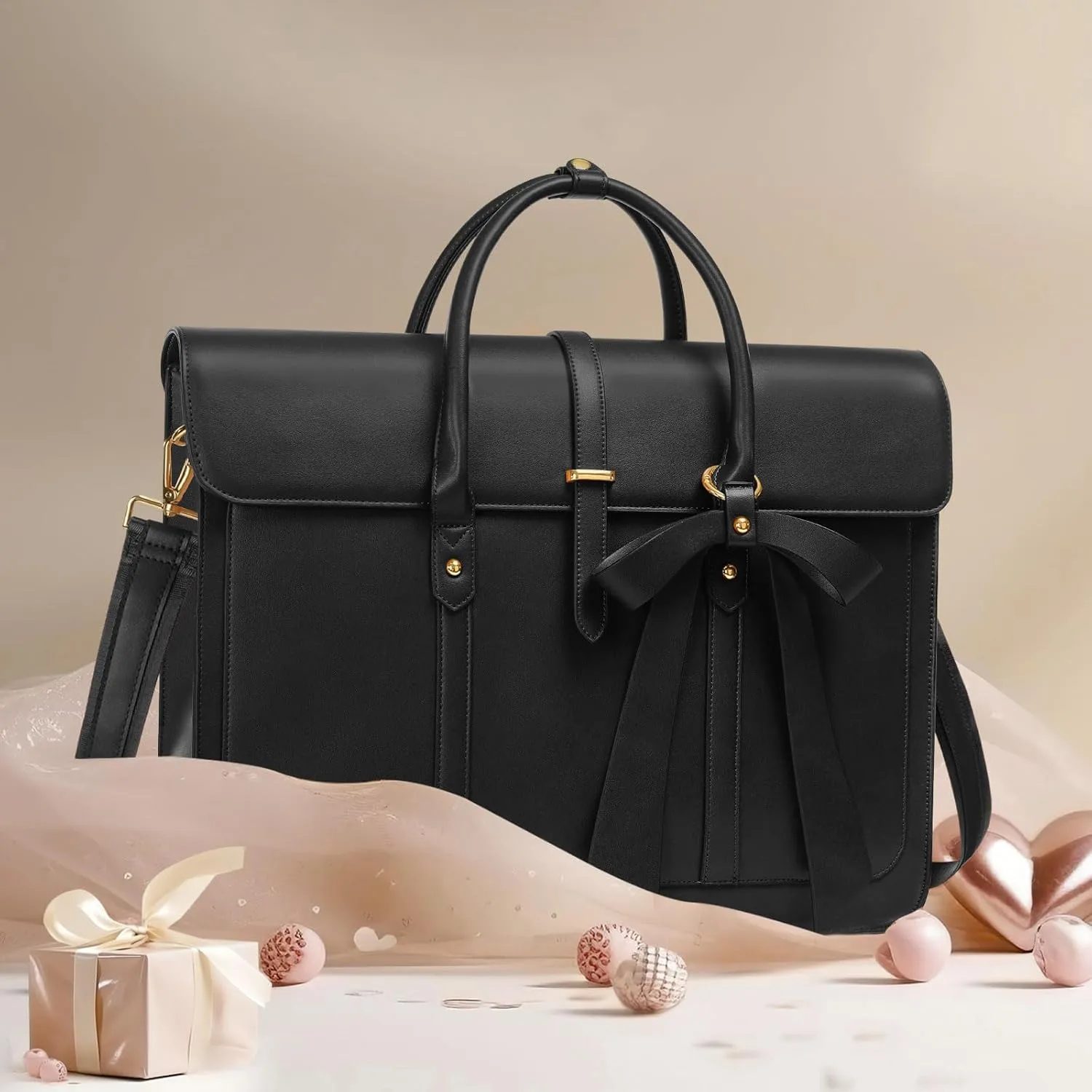 MOSISO Laptop Bag for Women, 15-15.6 inch PU Leather Laptop Shoulder Bag Convertible Backpack, 16 inch Messenger Bag Casual Handbag Work Briefcase Travel Computer Bag with Bowknot, Black
