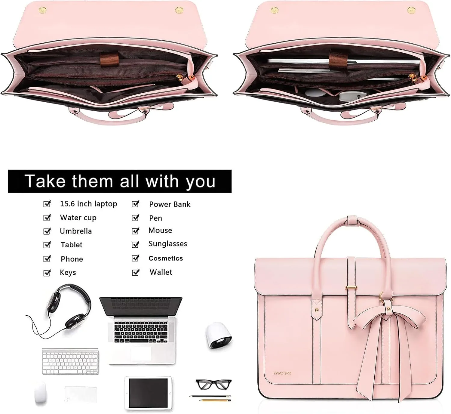 MOSISO Laptop Bag for Women, 17 inch PU Leather Laptop Shoulder Bag Convertible Backpack, 17.3 inch Messenger Bag Casual Handbag Work Briefcase Travel Computer Bag with Bowknot, Pink