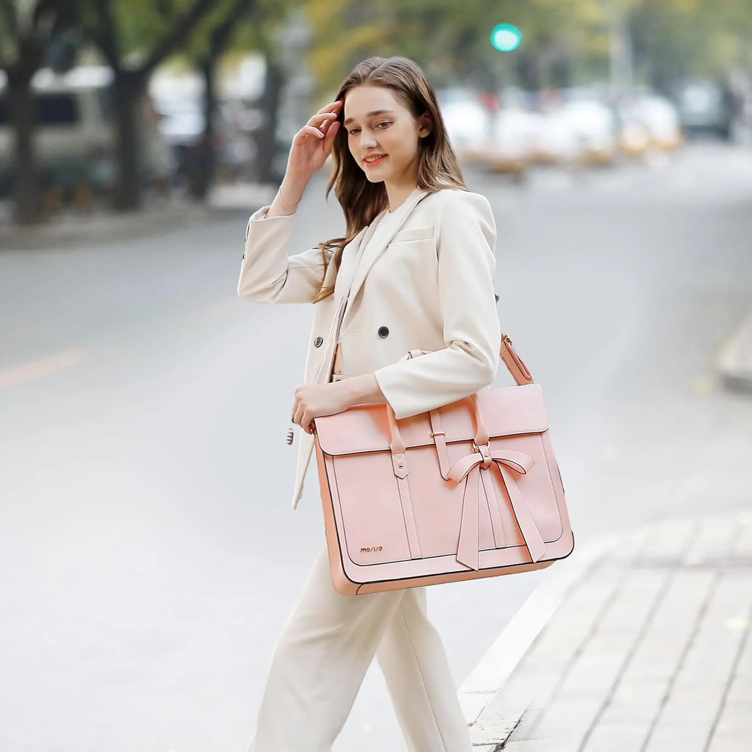 MOSISO Laptop Bag for Women, 17 inch PU Leather Laptop Shoulder Bag Convertible Backpack, 17.3 inch Messenger Bag Casual Handbag Work Briefcase Travel Computer Bag with Bowknot, Pink