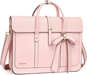 MOSISO Laptop Bag for Women, 17 inch PU Leather Laptop Shoulder Bag Convertible Backpack, 17.3 inch Messenger Bag Casual Handbag Work Briefcase Travel Computer Bag with Bowknot, Pink