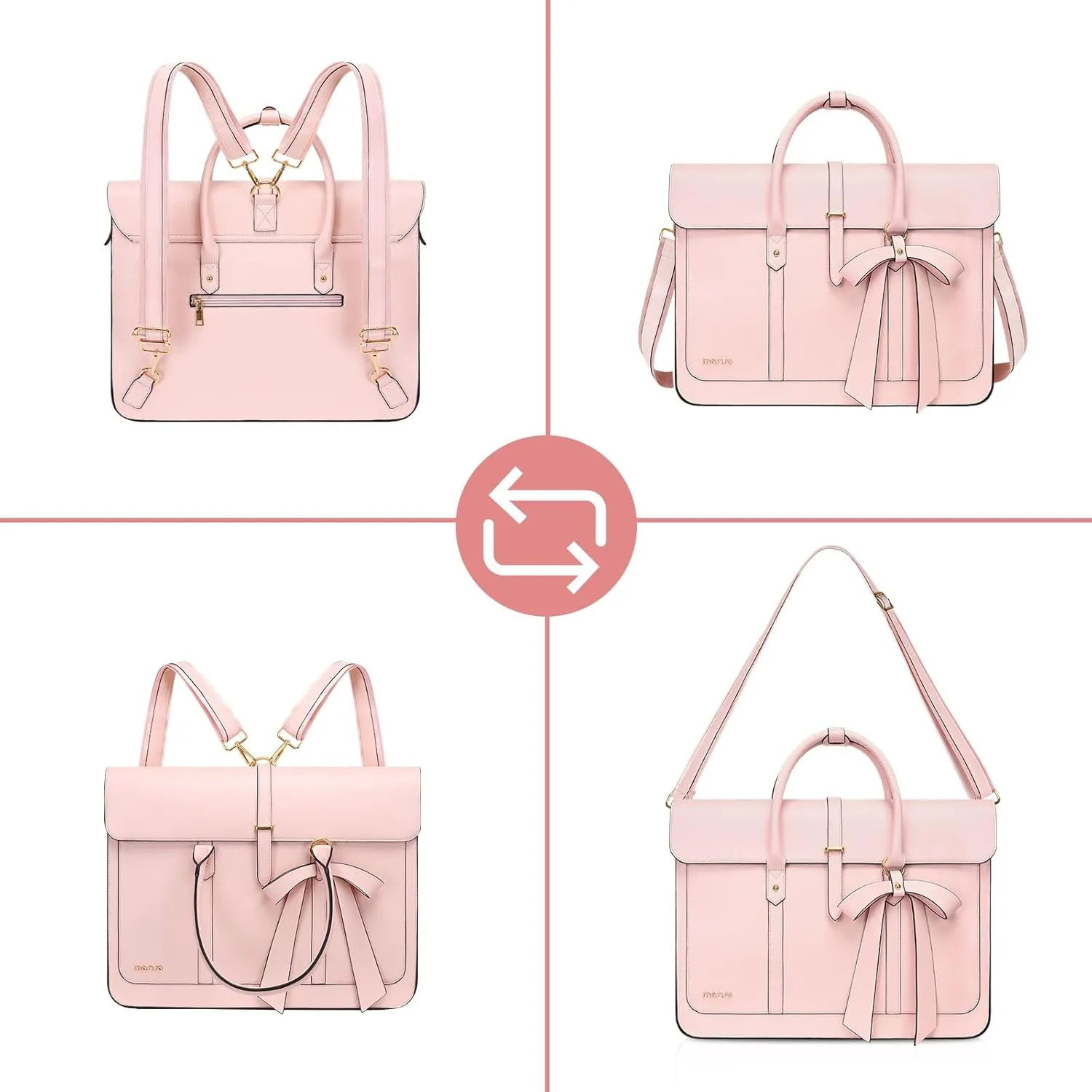MOSISO Laptop Bag for Women, 17 inch PU Leather Laptop Shoulder Bag Convertible Backpack, 17.3 inch Messenger Bag Casual Handbag Work Briefcase Travel Computer Bag with Bowknot, Pink