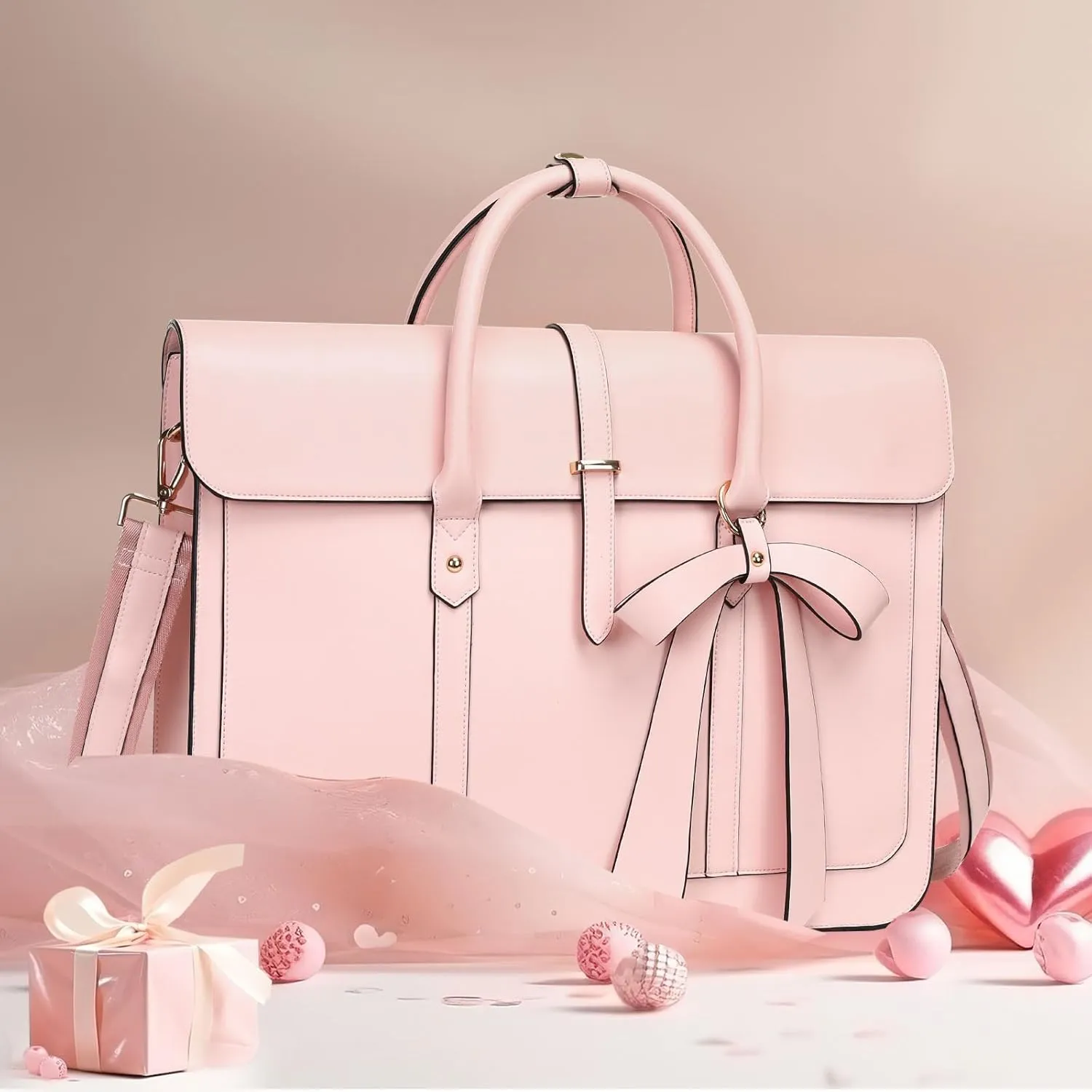 MOSISO Laptop Bag for Women, 17 inch PU Leather Laptop Shoulder Bag Convertible Backpack, 17.3 inch Messenger Bag Casual Handbag Work Briefcase Travel Computer Bag with Bowknot, Pink