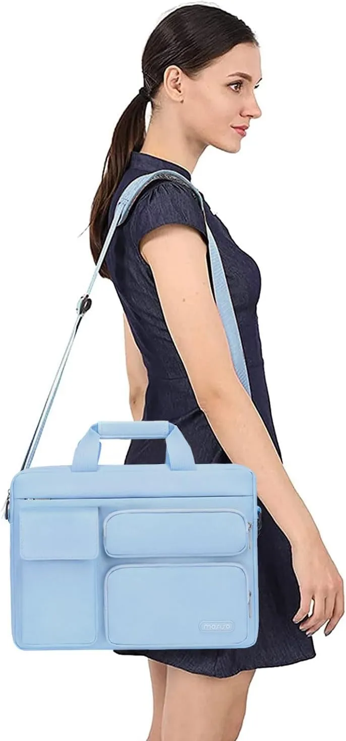 MOSISO Laptop Shoulder Bag Compatible with MacBook Air 15 M4 M3 M2/Pro 16 inch M4 M3 M2 M1,15-15.6 inch Notebook with 2 Raised&1 Flapover&1 Horizontal Pocket&Handle&Belt, Airy Blue