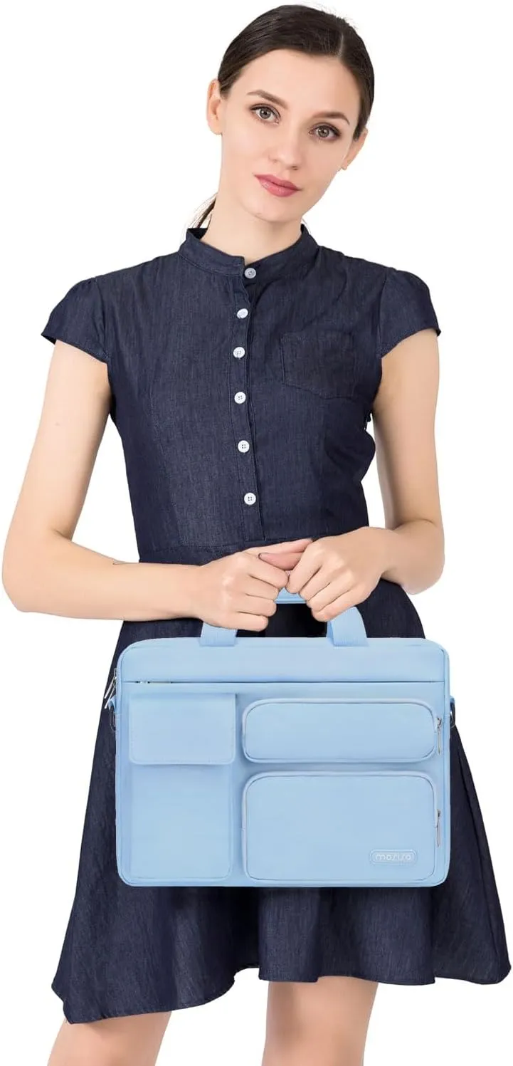 MOSISO Laptop Shoulder Bag Compatible with MacBook Air 15 M4 M3 M2/Pro 16 inch M4 M3 M2 M1,15-15.6 inch Notebook with 2 Raised&1 Flapover&1 Horizontal Pocket&Handle&Belt, Airy Blue