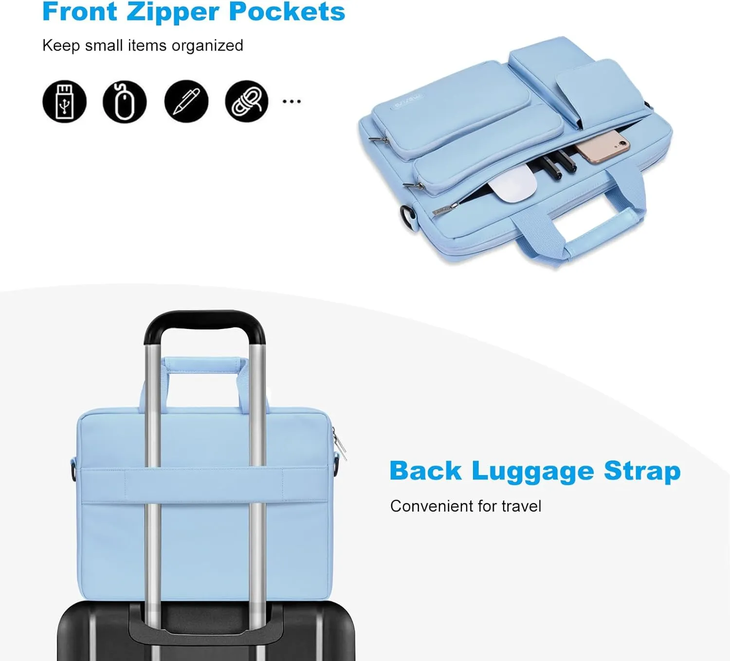 MOSISO Laptop Shoulder Bag Compatible with MacBook Air 15 M4 M3 M2/Pro 16 inch M4 M3 M2 M1,15-15.6 inch Notebook with 2 Raised&1 Flapover&1 Horizontal Pocket&Handle&Belt, Airy Blue