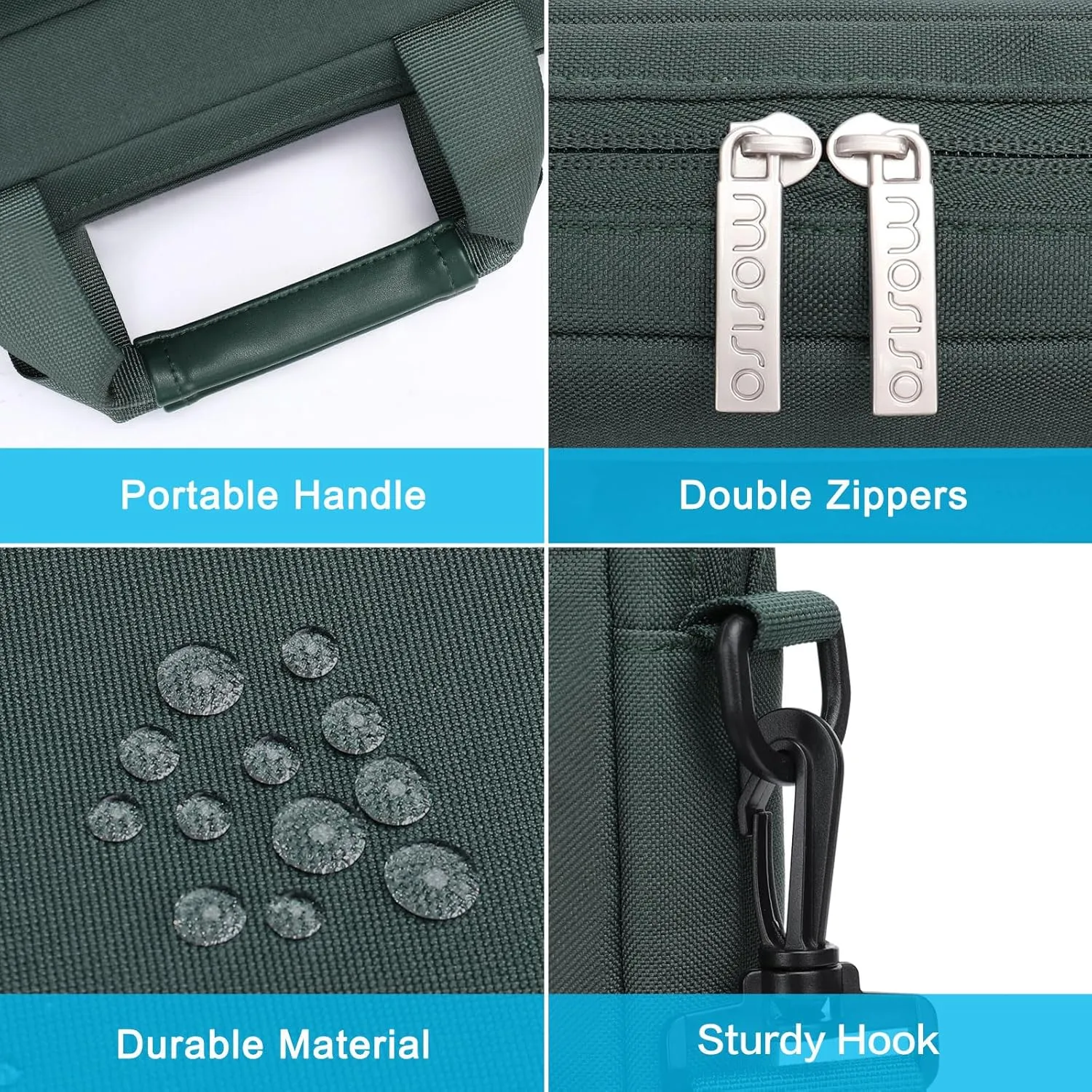 MOSISO Laptop Shoulder Bag Compatible with MacBook Air 15 M4 M3 M2/Pro 16 inch M4 M3 M2 M1,15-15.6 inch Notebook with 2 Raised&1 Flapover&1 Horizontal Pocket&Handle&Belt, Emerald Green