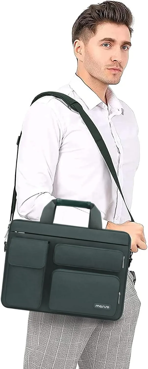 MOSISO Laptop Shoulder Bag Compatible with MacBook Air 15 M4 M3 M2/Pro 16 inch M4 M3 M2 M1,15-15.6 inch Notebook with 2 Raised&1 Flapover&1 Horizontal Pocket&Handle&Belt, Emerald Green