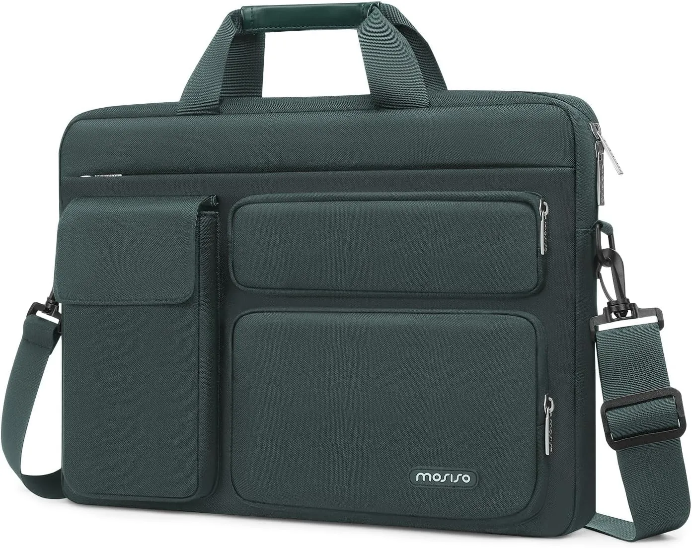 MOSISO Laptop Shoulder Bag Compatible with MacBook Air 15 M4 M3 M2/Pro 16 inch M4 M3 M2 M1,15-15.6 inch Notebook with 2 Raised&1 Flapover&1 Horizontal Pocket&Handle&Belt, Emerald Green