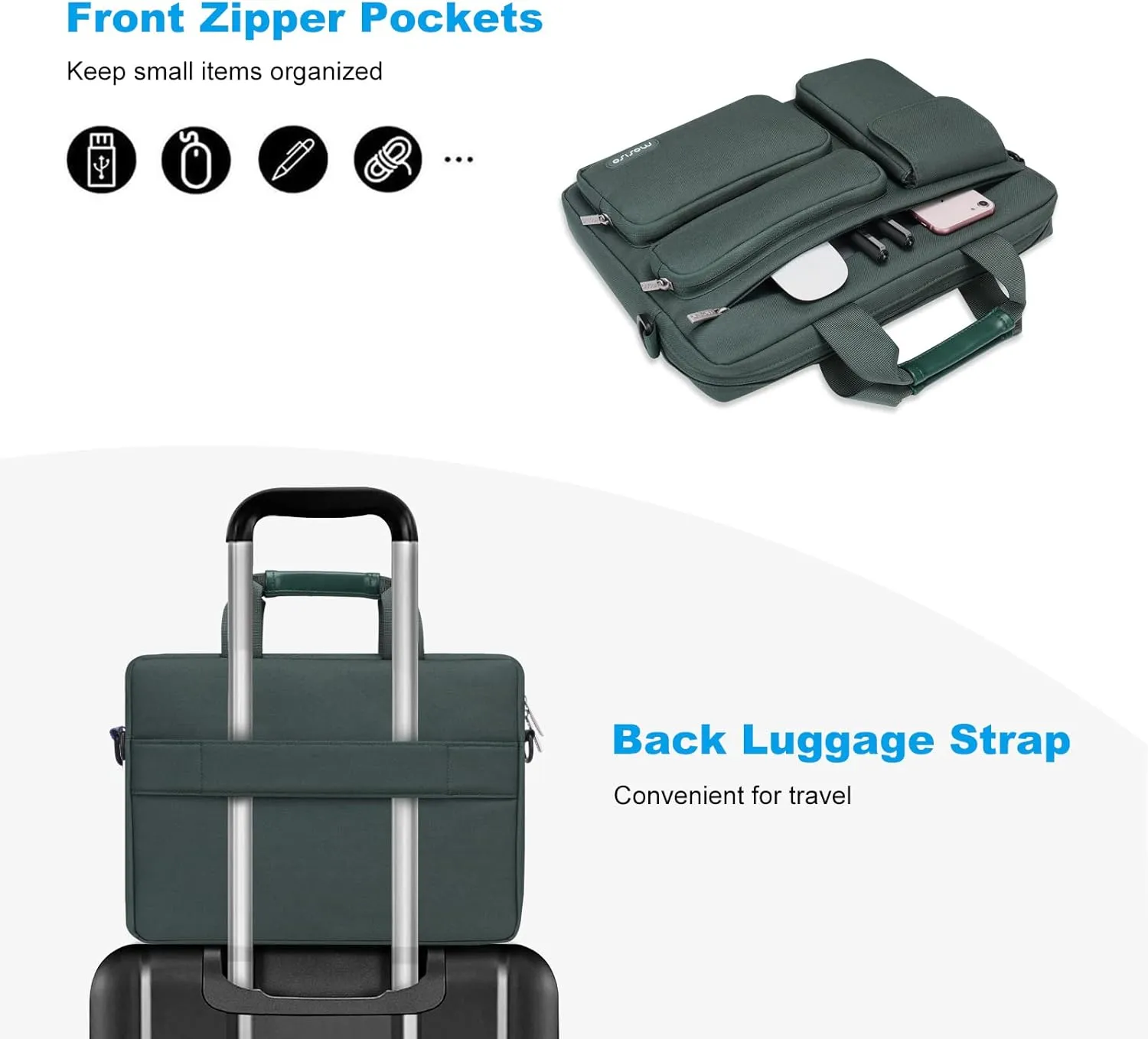MOSISO Laptop Shoulder Bag Compatible with MacBook Air 15 M4 M3 M2/Pro 16 inch M4 M3 M2 M1,15-15.6 inch Notebook with 2 Raised&1 Flapover&1 Horizontal Pocket&Handle&Belt, Emerald Green