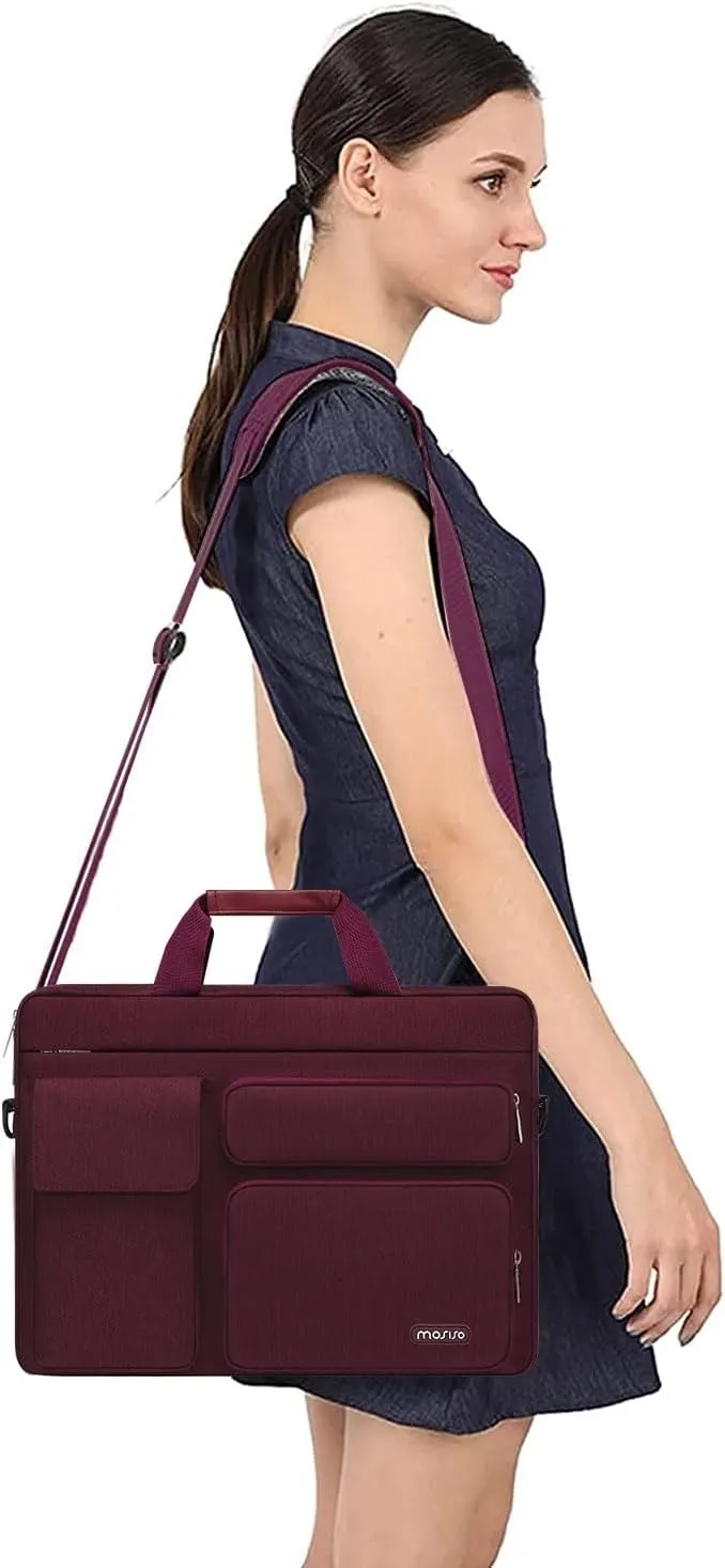 MOSISO Laptop Shoulder Bag Compatible with MacBook Air 15 M4 M3 M2/Pro 16 inch M4 M3 M2 M1,15-15.6 inch Notebook with 2 Raised&1 Flapover&1 Horizontal Pocket&Handle&Belt, Wine Red