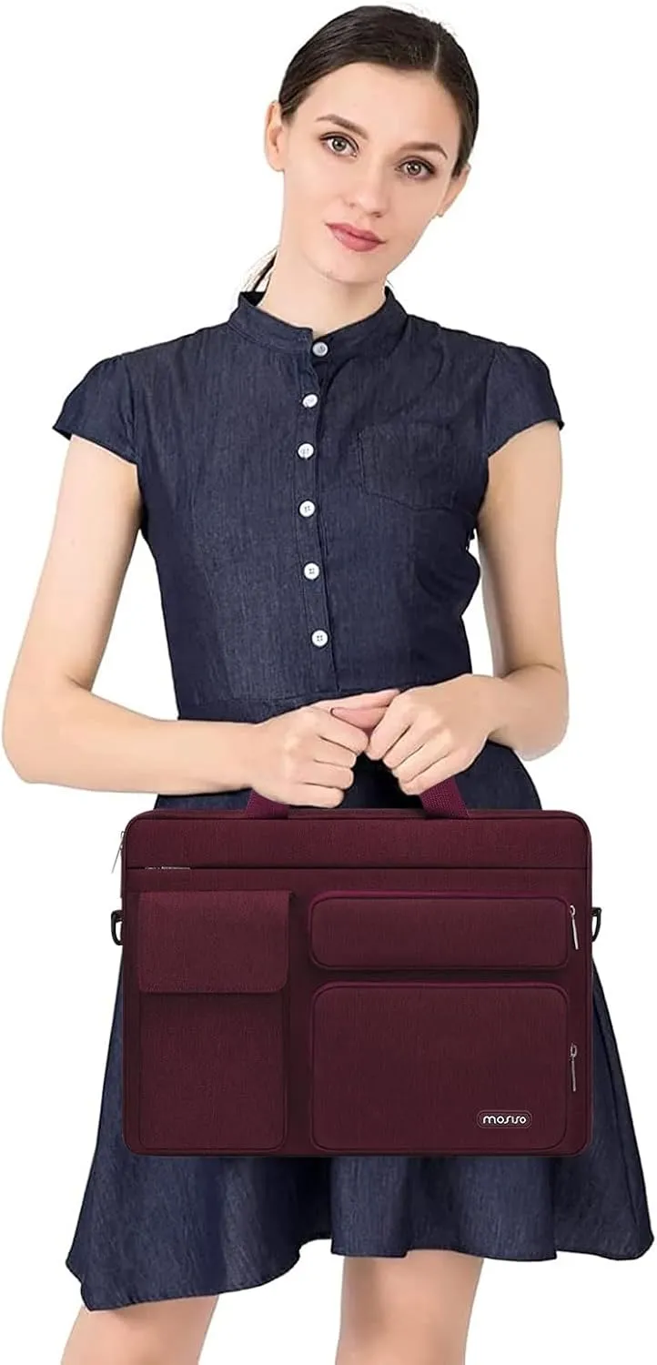 MOSISO Laptop Shoulder Bag Compatible with MacBook Air 15 M4 M3 M2/Pro 16 inch M4 M3 M2 M1,15-15.6 inch Notebook with 2 Raised&1 Flapover&1 Horizontal Pocket&Handle&Belt, Wine Red