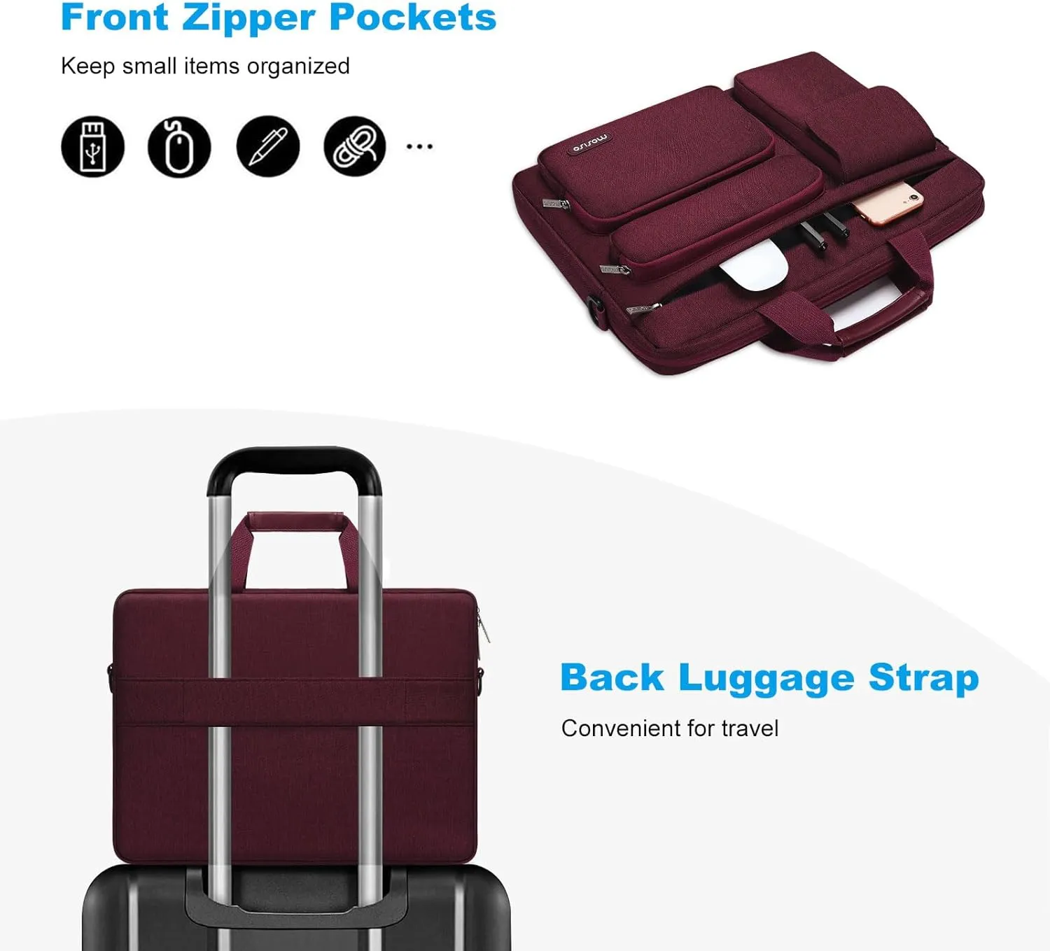 MOSISO Laptop Shoulder Bag Compatible with MacBook Air 15 M4 M3 M2/Pro 16 inch M4 M3 M2 M1,15-15.6 inch Notebook with 2 Raised&1 Flapover&1 Horizontal Pocket&Handle&Belt, Wine Red