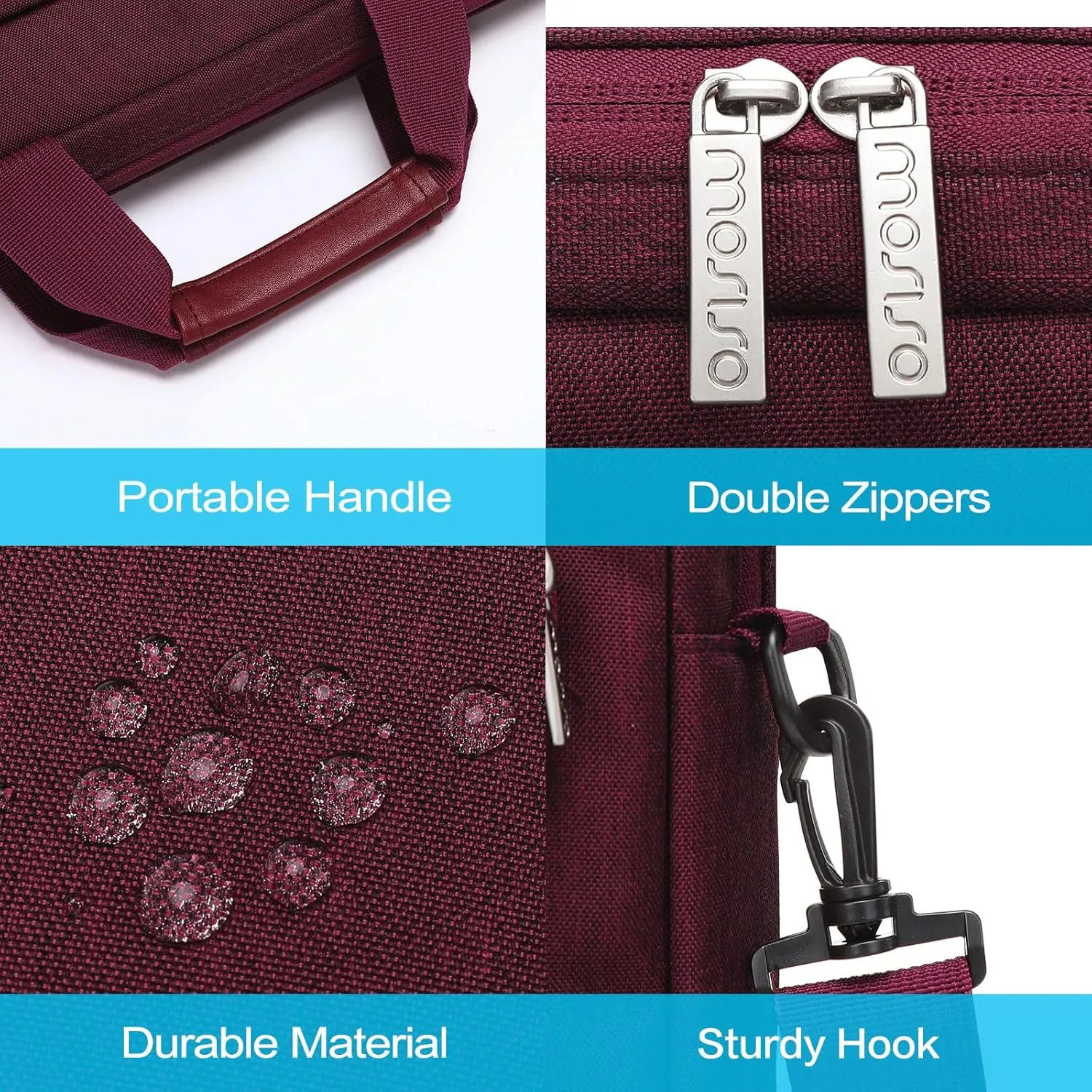 MOSISO Laptop Shoulder Bag Compatible with MacBook Air 15 M4 M3 M2/Pro 16 inch M4 M3 M2 M1,15-15.6 inch Notebook with 2 Raised&1 Flapover&1 Horizontal Pocket&Handle&Belt, Wine Red