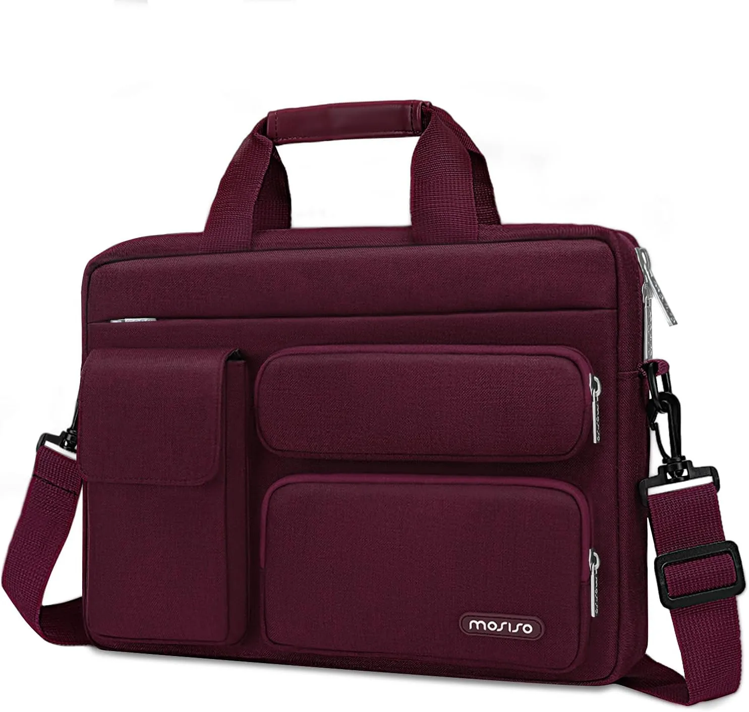 MOSISO Laptop Shoulder Bag Compatible with MacBook Air 15 M4 M3 M2/Pro 16 inch M4 M3 M2 M1,15-15.6 inch Notebook with 2 Raised&1 Flapover&1 Horizontal Pocket&Handle&Belt, Wine Red