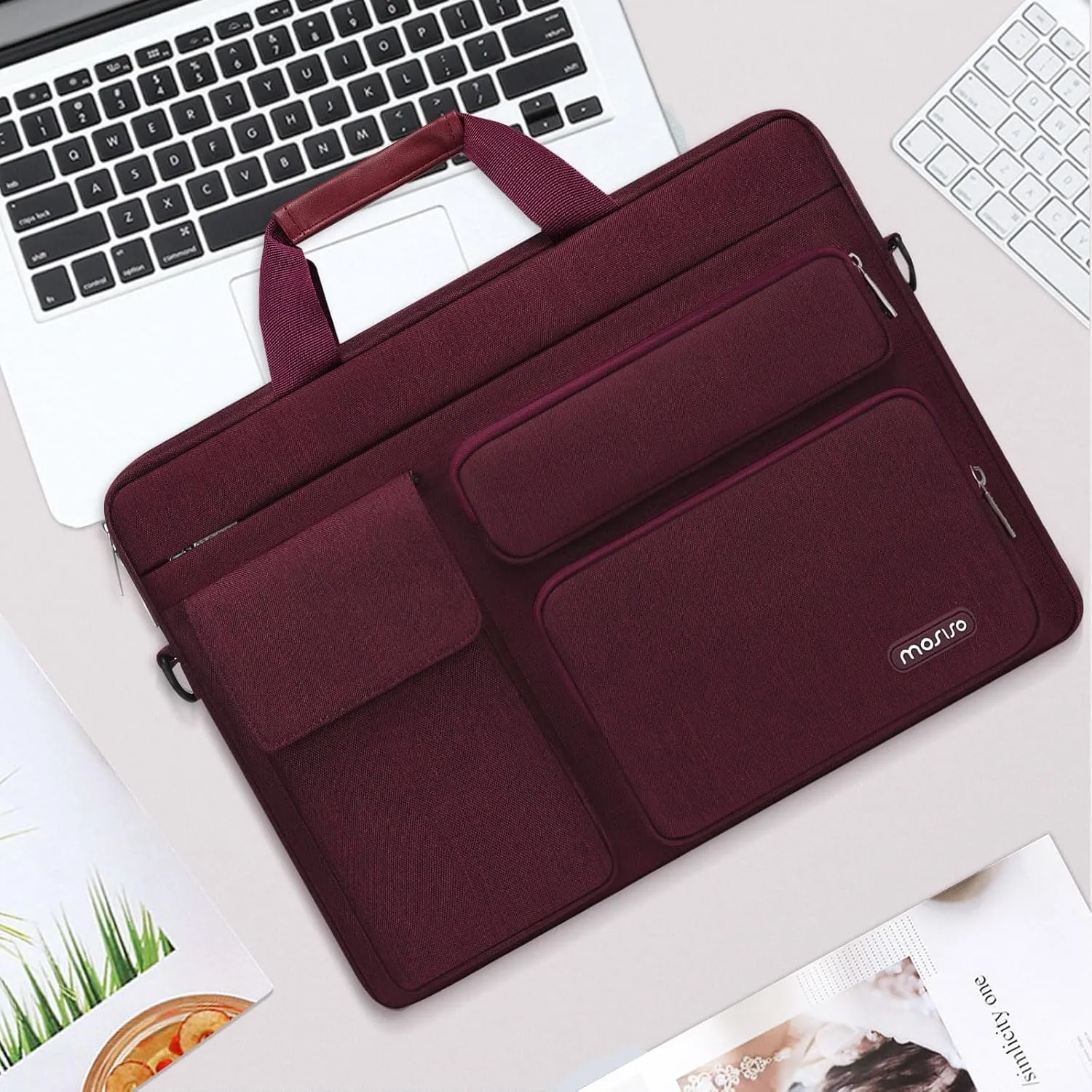 MOSISO Laptop Shoulder Bag Compatible with MacBook Air 15 M4 M3 M2/Pro 16 inch M4 M3 M2 M1,15-15.6 inch Notebook with 2 Raised&1 Flapover&1 Horizontal Pocket&Handle&Belt, Wine Red