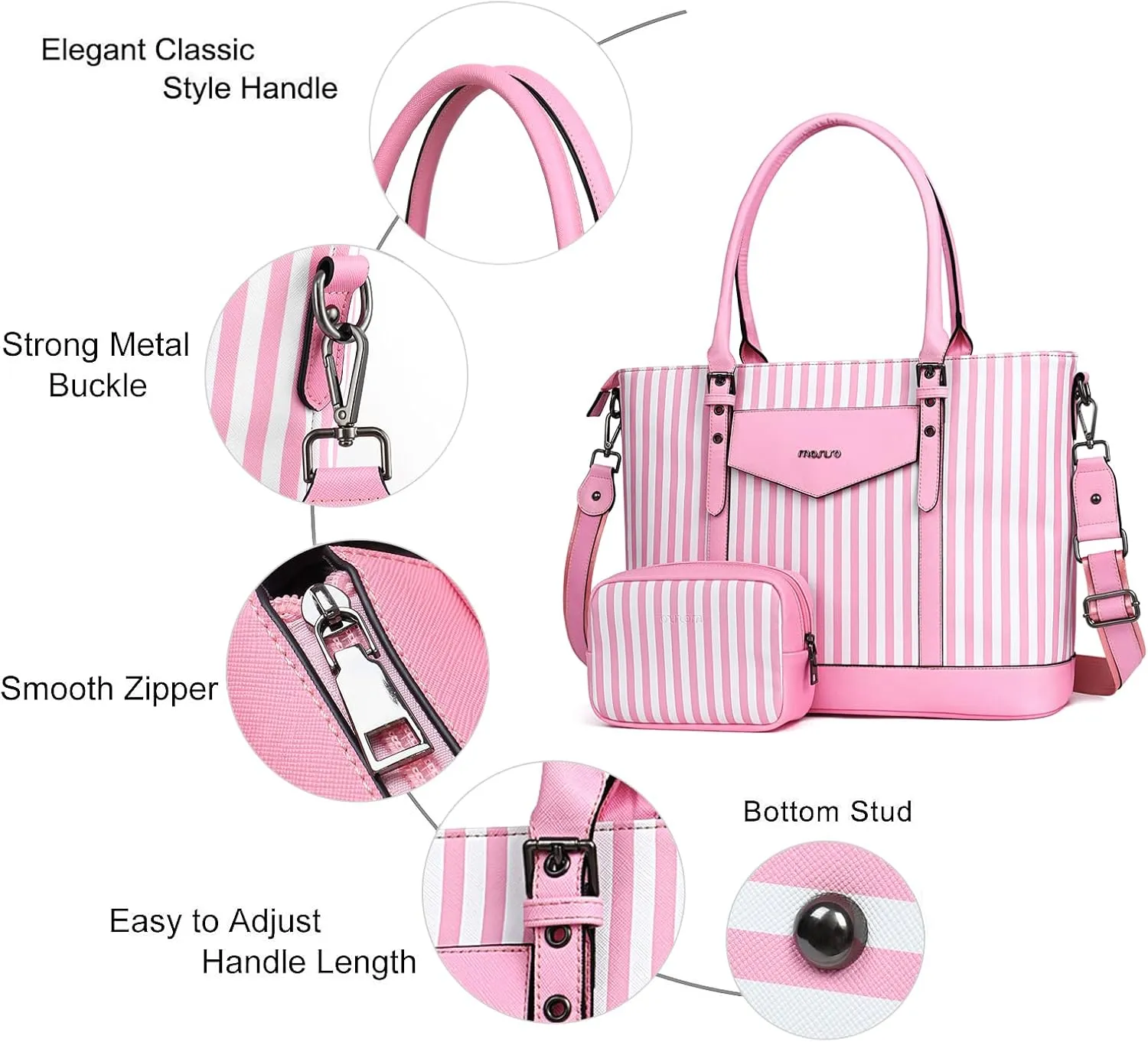 MOSISO Laptop Tote Bag for Women Compatible with MacBook, 17-17.3 inch Notebook and Chromebook, Waterproof Vertical Stripe PU Leather Travel Computer Bag with Envelope Pocket & Small Purse, Pink