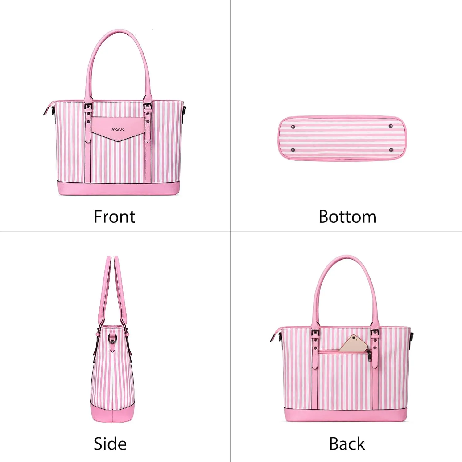 MOSISO Laptop Tote Bag for Women Compatible with MacBook, 17-17.3 inch Notebook and Chromebook, Waterproof Vertical Stripe PU Leather Travel Computer Bag with Envelope Pocket & Small Purse, Pink