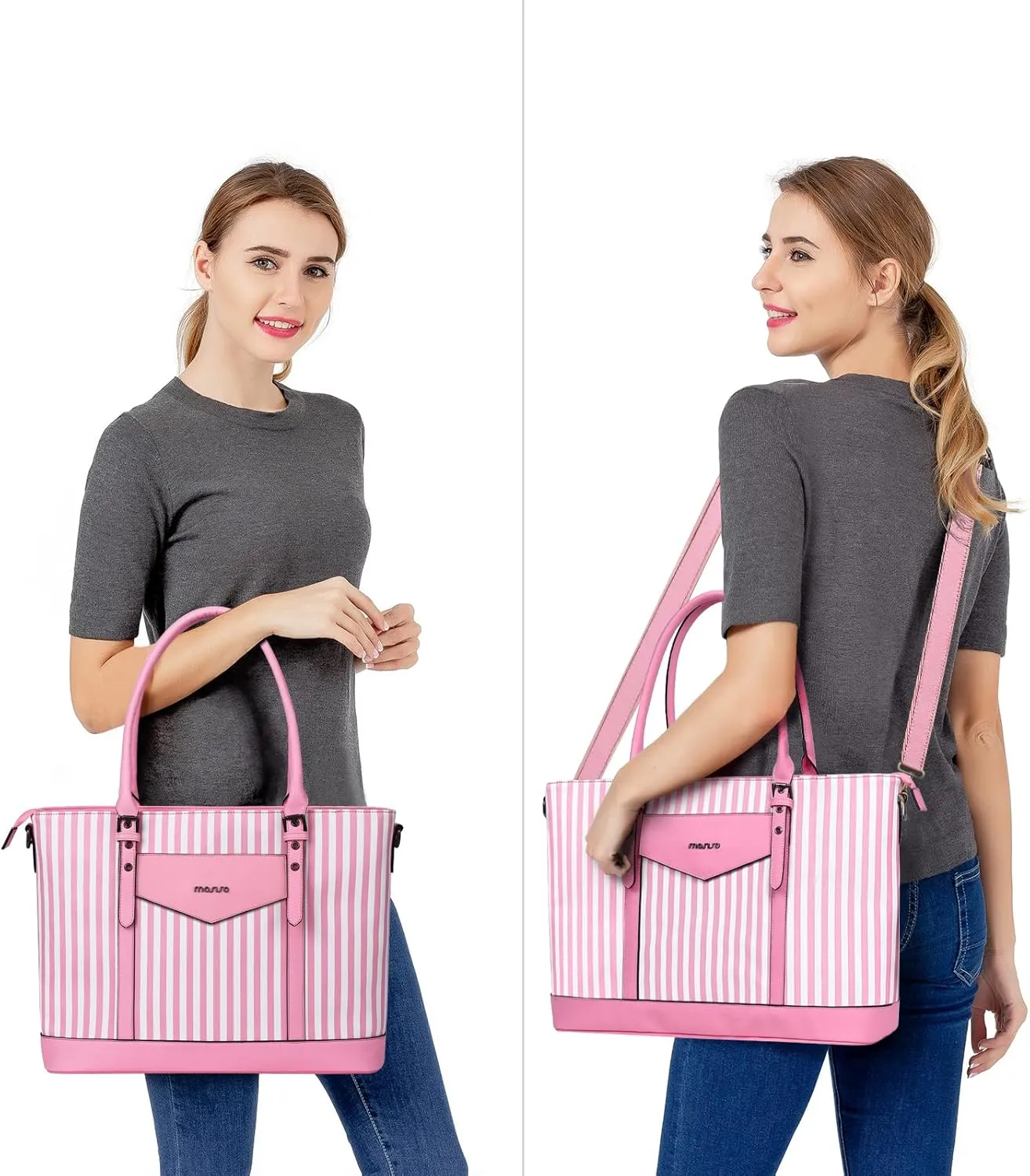 MOSISO Laptop Tote Bag for Women Compatible with MacBook, 17-17.3 inch Notebook and Chromebook, Waterproof Vertical Stripe PU Leather Travel Computer Bag with Envelope Pocket & Small Purse, Pink