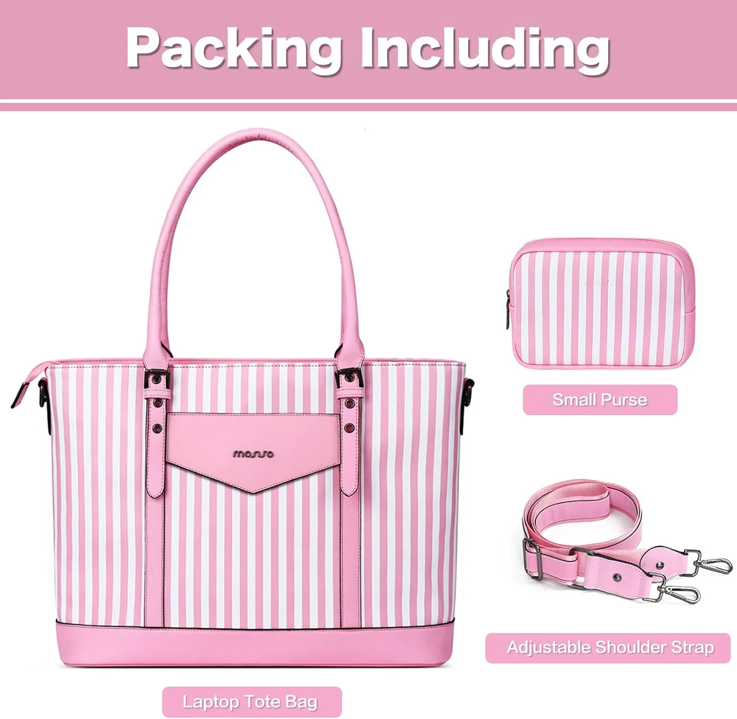 MOSISO Laptop Tote Bag for Women Compatible with MacBook, 17-17.3 inch Notebook and Chromebook, Waterproof Vertical Stripe PU Leather Travel Computer Bag with Envelope Pocket & Small Purse, Pink