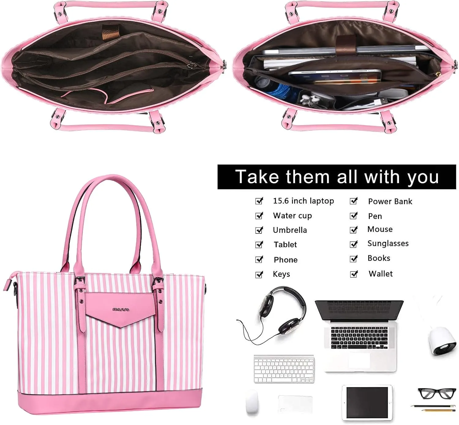 MOSISO Laptop Tote Bag for Women Compatible with MacBook, 17-17.3 inch Notebook and Chromebook, Waterproof Vertical Stripe PU Leather Travel Computer Bag with Envelope Pocket & Small Purse, Pink