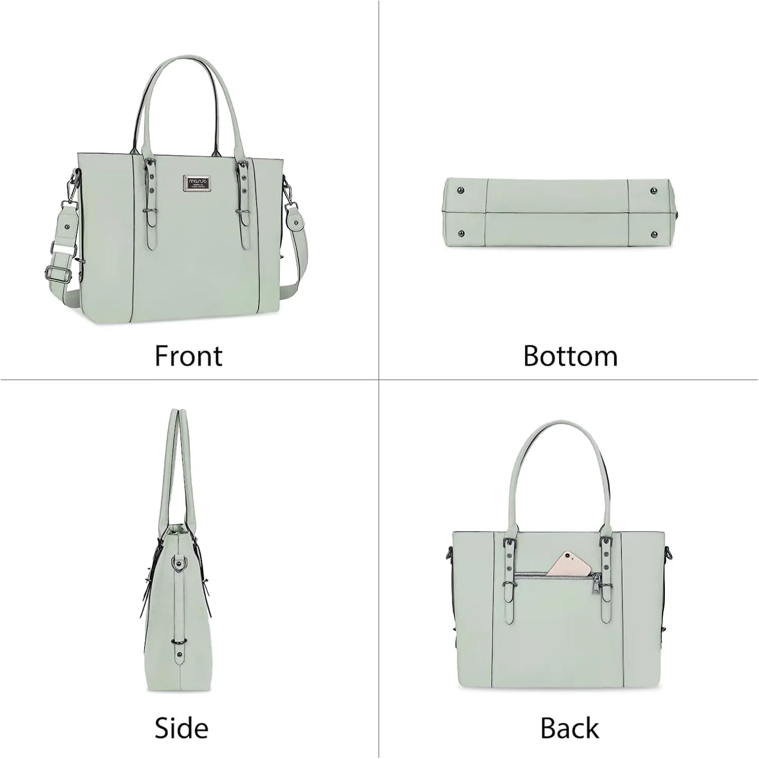 MOSISO PU Leather Laptop Tote Bag for Women (15-16 inch), Waterproof Large Capacity Business Work Briefcase Shoulder Laptop Bag, Sage Green