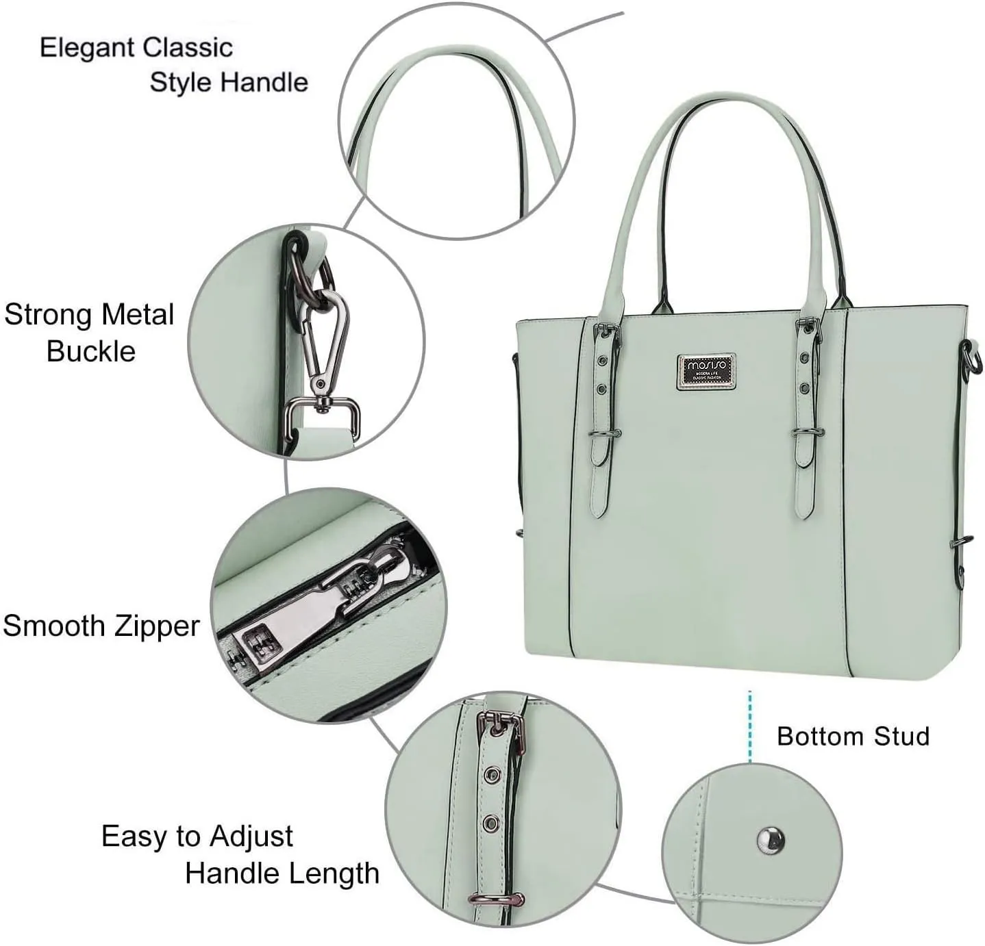 MOSISO PU Leather Laptop Tote Bag for Women (15-16 inch), Waterproof Large Capacity Business Work Briefcase Shoulder Laptop Bag, Sage Green